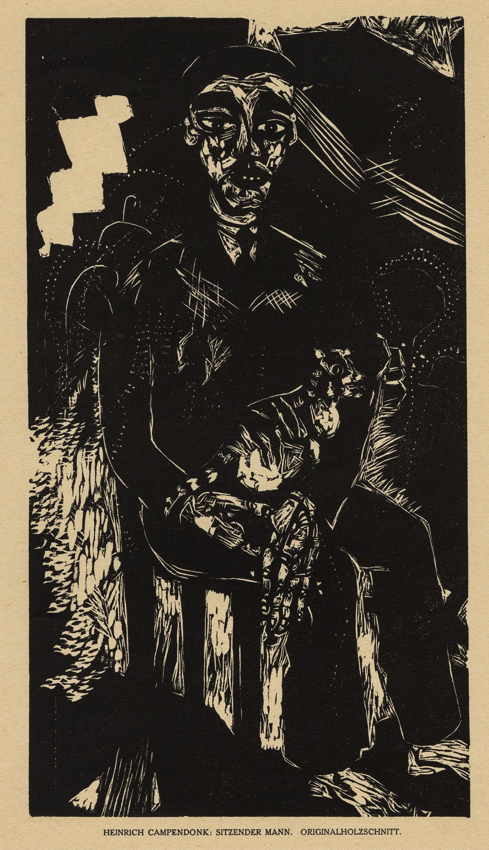 CAMPENDONK: "Sitzender Mann mit Katze auf...": Heinrich CAMPENDONK (German/Dutch, 1889-1957): "Sitzender Mann mit Katze auf dem Schoss". Woodcut on wove paper, 1919. Reference: Engels 44. Published by Das Kunstblatt, Volume 3. With letters (typogr