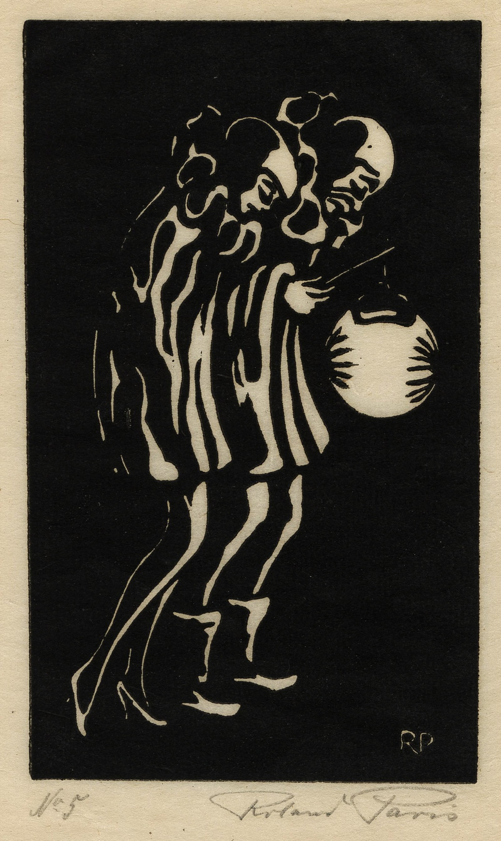 Ronald PARIS: "Carnival".: Ronald PARIS (German, 1894-1945): "Carnival". Woodcut on laid mulberry paper, 1926. From a likely edition of 25. Signed and annotated No. 5 in pencil, and initialed in the block. Pencil annotations by