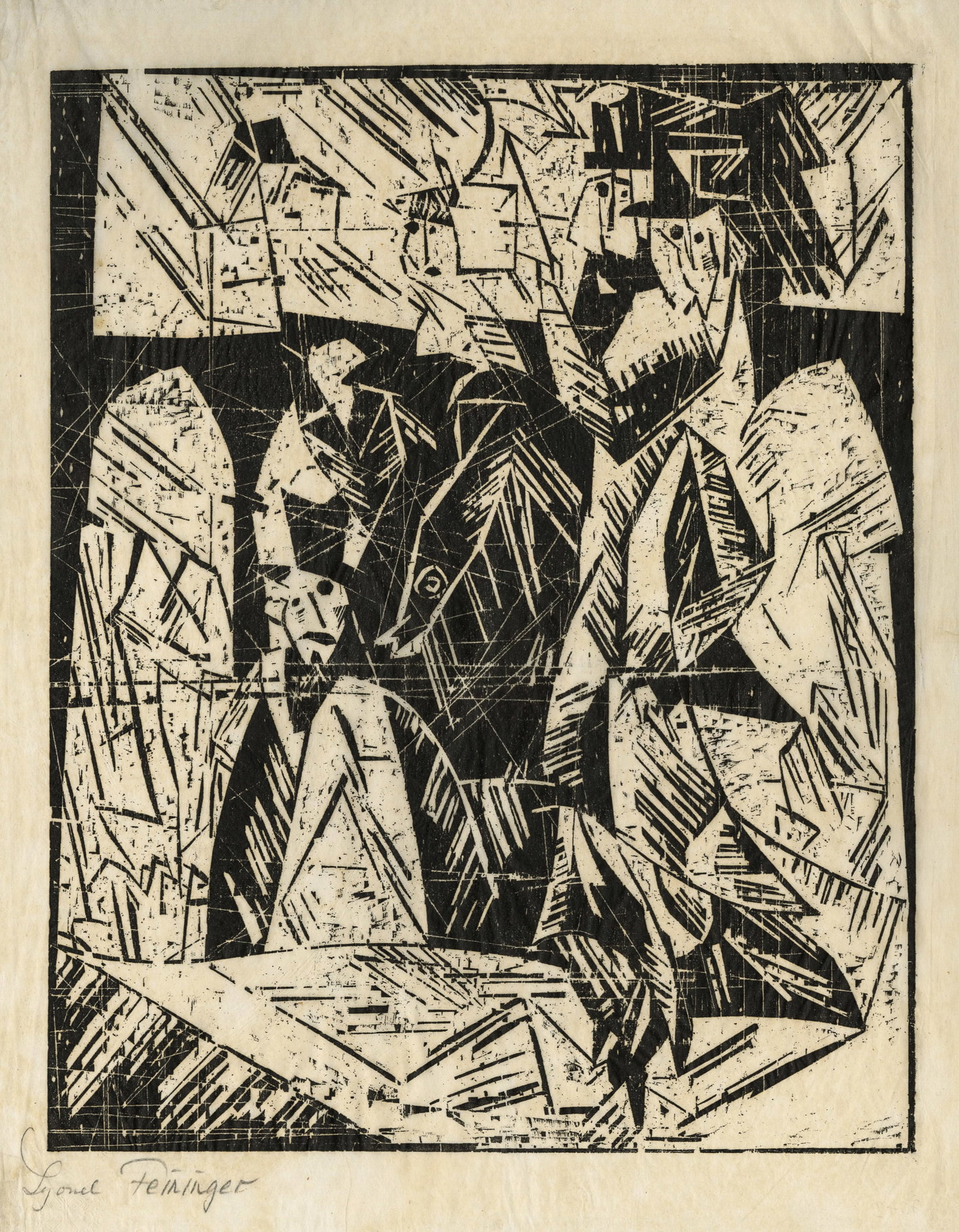 Lyonel FEININGER: "Spazierganger".: Lyonel FEININGER (German American, 1871-1956): "Spazierganger". Woodcut on tissue thin Japan wove paper, 1918. Reference: Prasse W113. Signed in pencil. Image size: 14 5/8 x 11 5/8 inches. Sheet size: