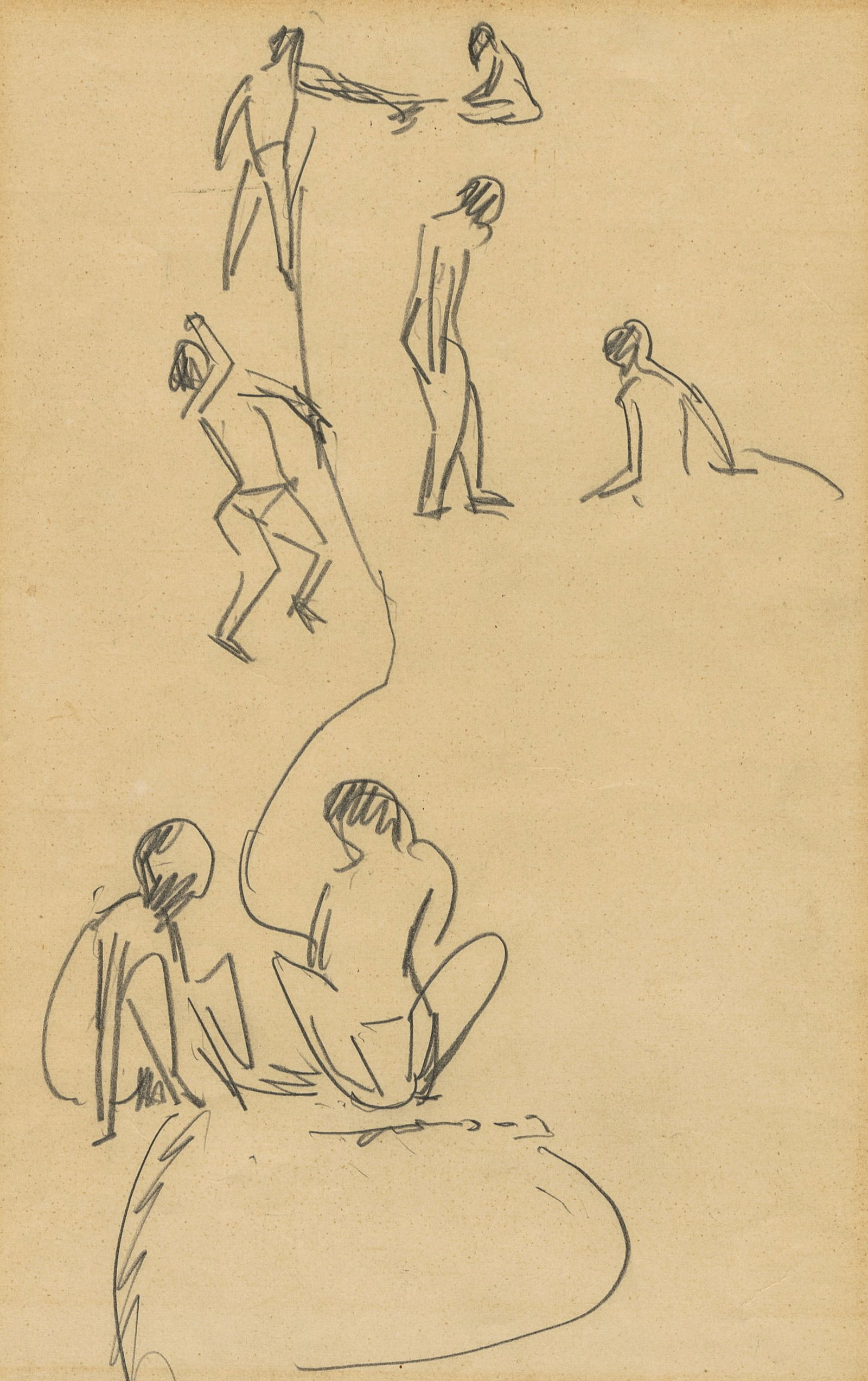Ernst Ludwig KIRCHNER: "Figuren an Wasser".: Ernst Ludwig KIRCHNER (German, 1880-1938): "Figuren an Wasser". Pencil on wove paper, circa 1910. With the purple estate stamp at the lower left sheet corner, verso. Estate reference in black ink: B
