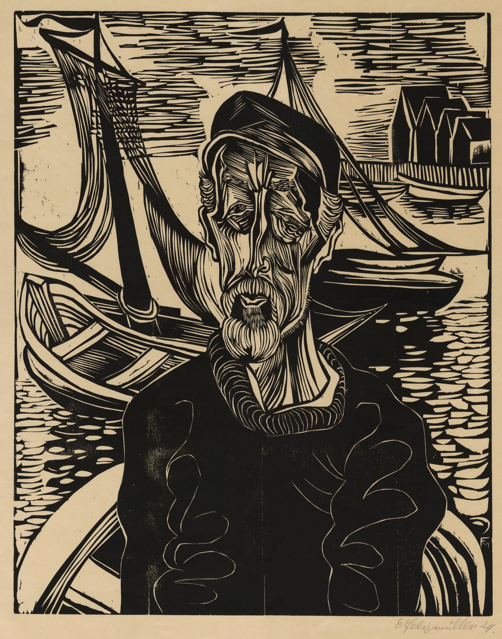 Conrad FELIXMULLER: "Fischer von Helgoland".: Conrad FELIXMULLER (German, 1897-1977): "Fischer von Helgoland". Woodcut on wove Van Gelder Japan paper with watermarks, 1924. Signed and dated in pencil. Image size: 19 5/8 x 15 5/8 inches. Sheet siz