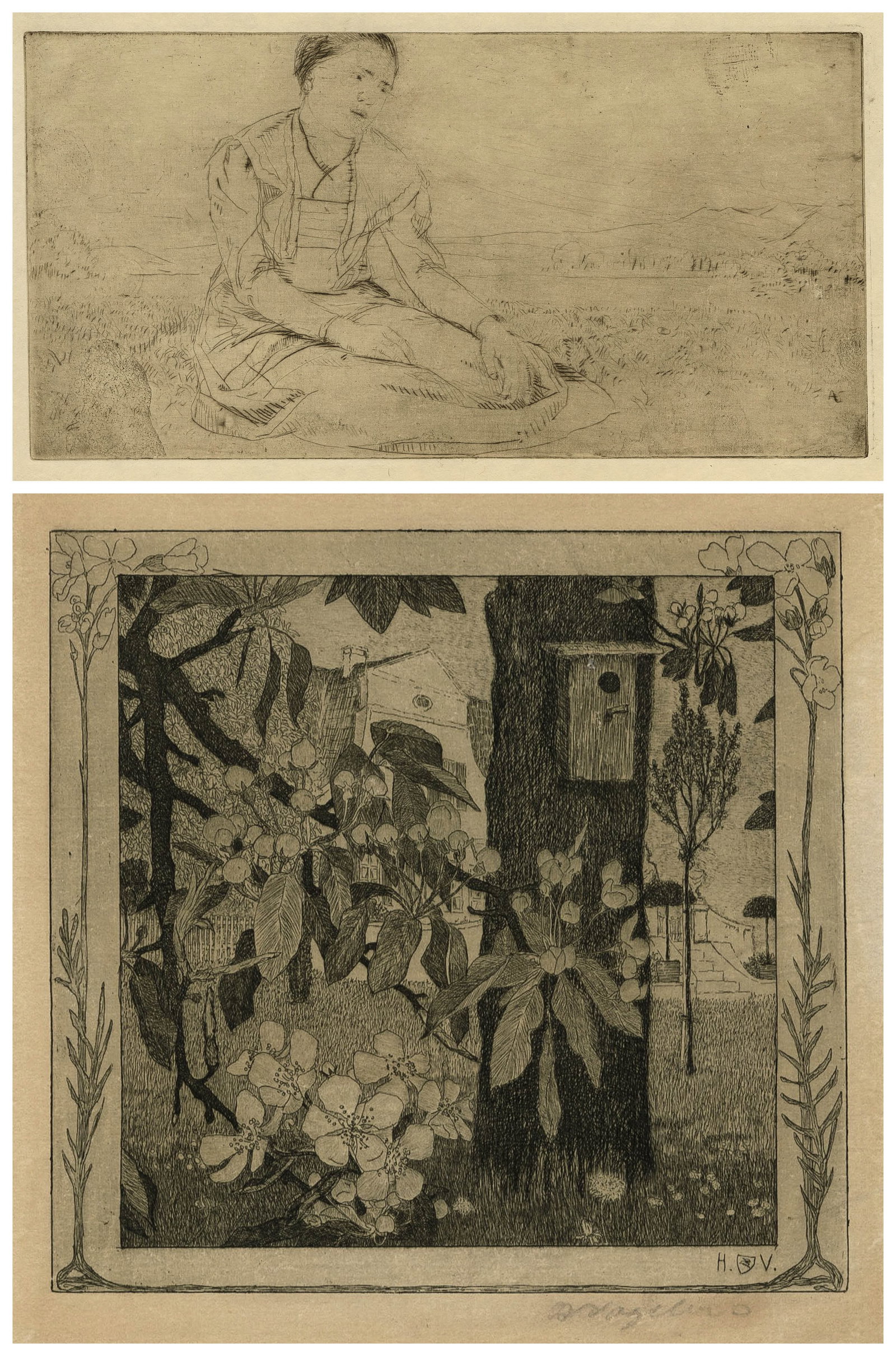 Heinrich VOGELER: "Fruhlingsmorgen".: Heinrich VOGELER (German, 1872-1942): "Fruhlingsmorgen". Etching on wove paper, 1899. Reference: Rief 25. Signed in pencil; also initialed in the plate. Plate size: 5 3/8 x 5 3/4 inches. Sheet size: 8