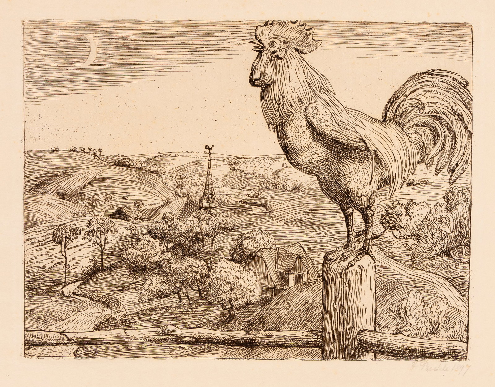 Fritz BOEHLE: "Rooster".: Fritz BOEHLE (German, 1873-1916): "Rooster". Etching on laid Japan paper, 1897. Signed and dated in pencil. Plate size: 12 x 15 3/4 inches. Sheet size: 18 3/4 x 26 1/2 inches.