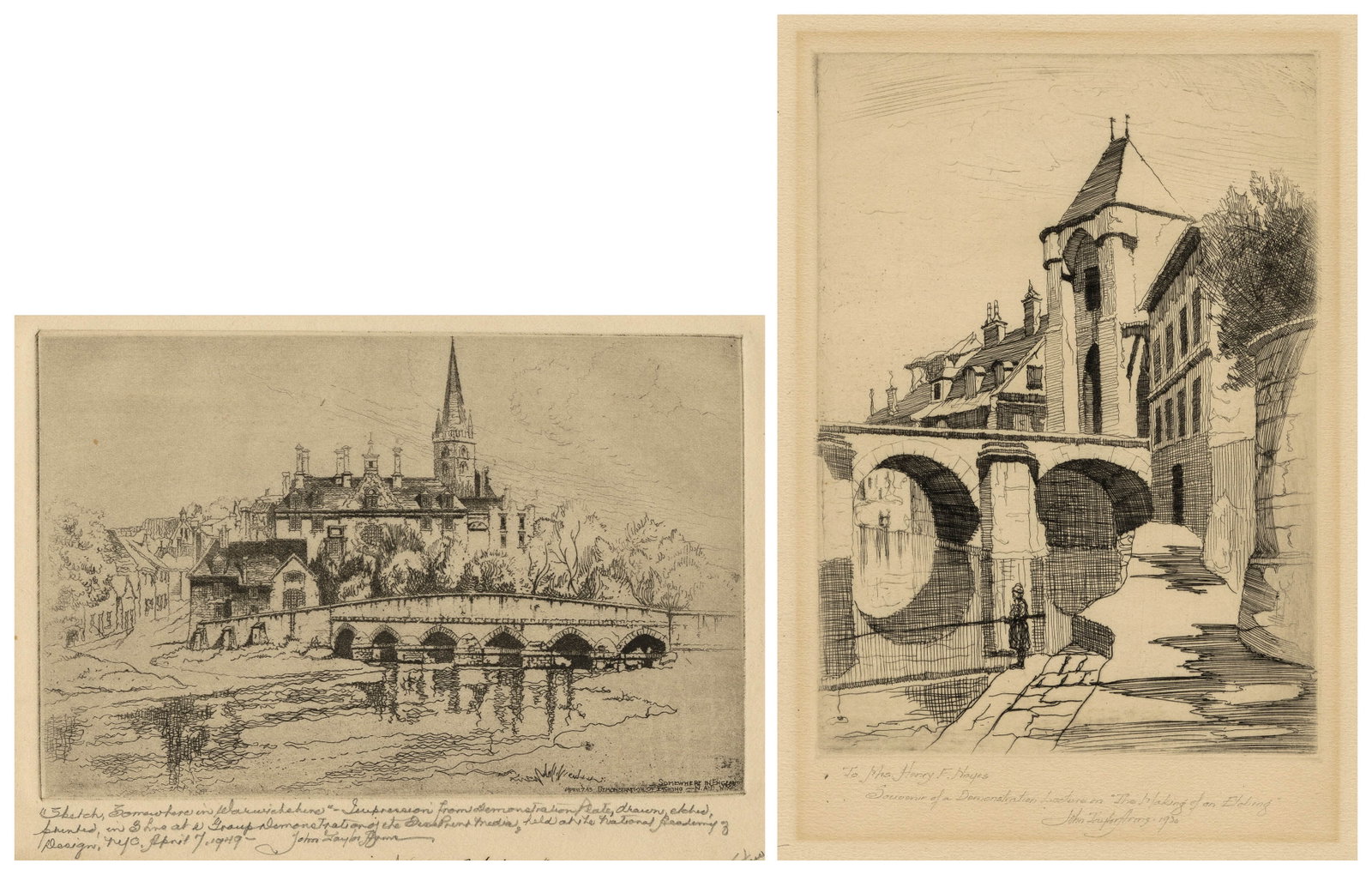 ARMS: A Pair of Demonstration Etchings, used....: John Taylor ARMS (American, 1887-1953): A Pair of Demonstration Etchings, used by the artist to explain the etching process. Two etchings on wove paper, one with an unidentified crest watermark. One i