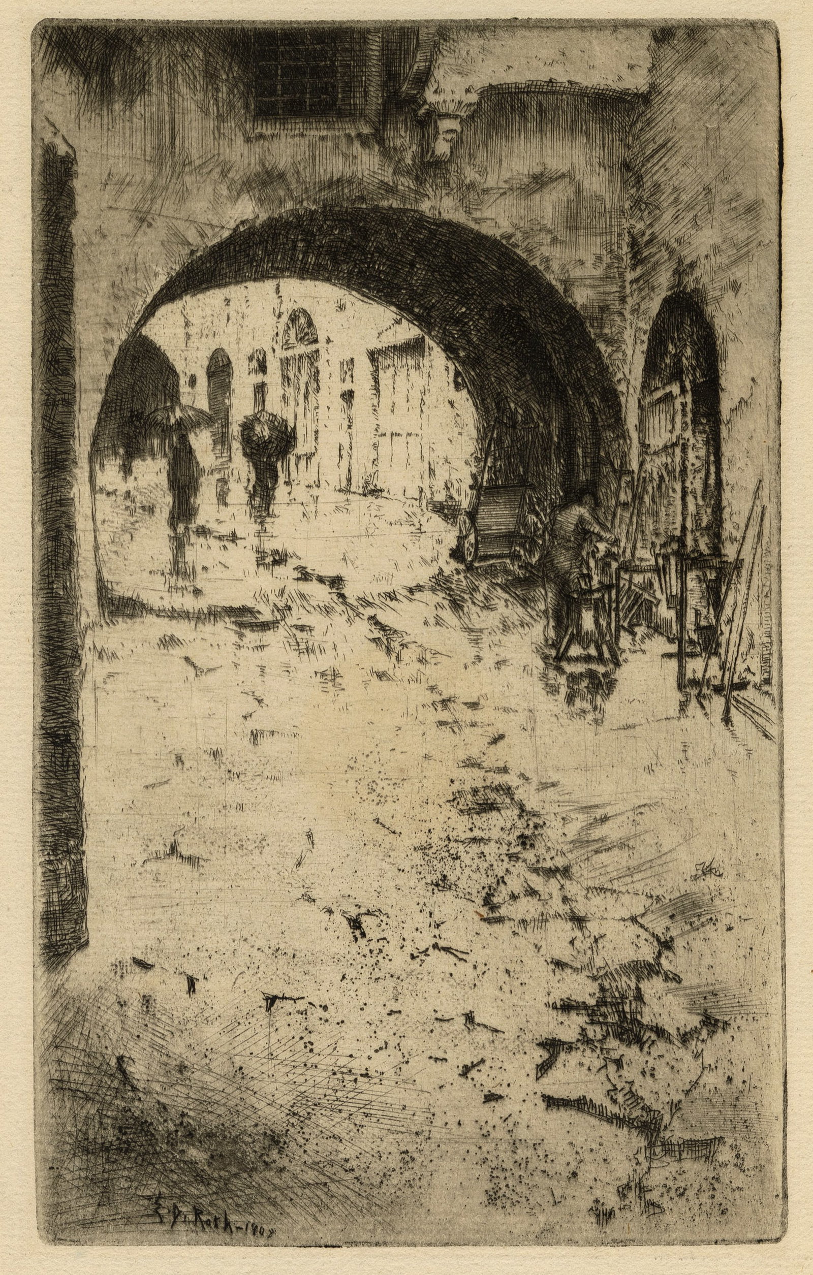 Ernest ROTH: "Florentine Arches".: Ernest ROTH (American, 1879-1964): "Florentine Arches". Etching on laid paper, 1909. Signed and dated in the plate. Plate size: 7 1/8 x 4 3/8 inches. Sheet size: 8 7/8 x 5 1/2 inches.