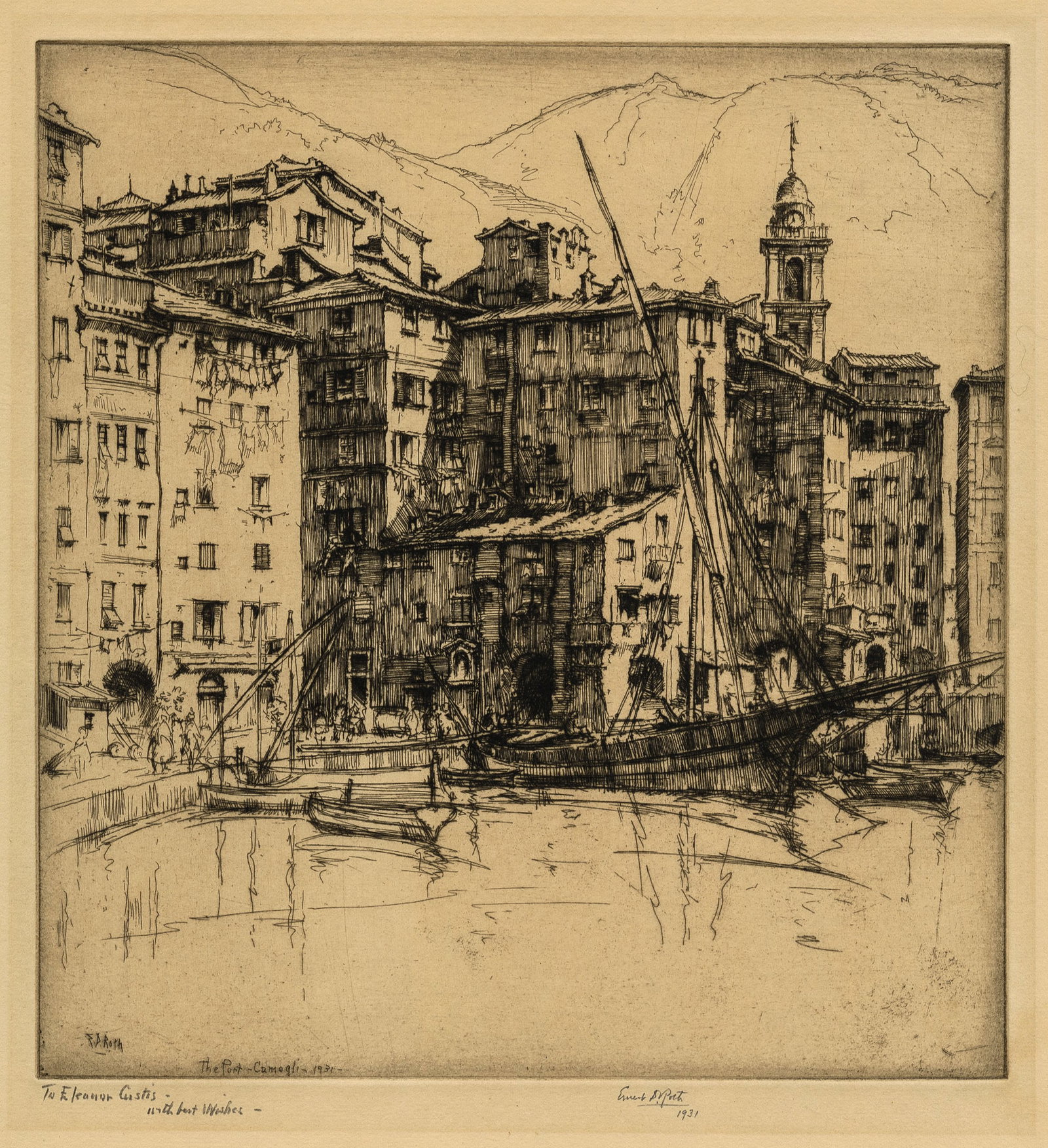 Ernest ROTH: "The Port, Camogli, Italy".: Ernest ROTH (American, 1879-1964): "The Port, Camogli, Italy". Etching on laid paper with ornate "Hand Made" watermark, 1931. Signed, dated, and dedicated in pencil. Plate size: 9 3/8 x 8 7/8 inches.