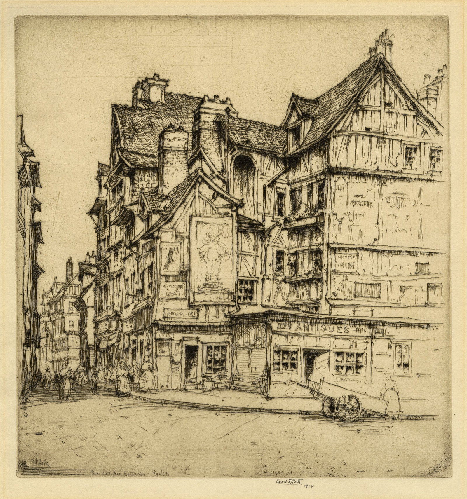 Ernest ROTH: "Rue des Bons Enfants".: Ernest ROTH (American, 1879-1964): "Rue des Bons Enfants". Etching on laid paper, 1914. Signed and dated in pencil. Plate size: 9 3/8 x 8 3/4 inches. Sheet size: 14 1/8 x 11 1/2 inches.