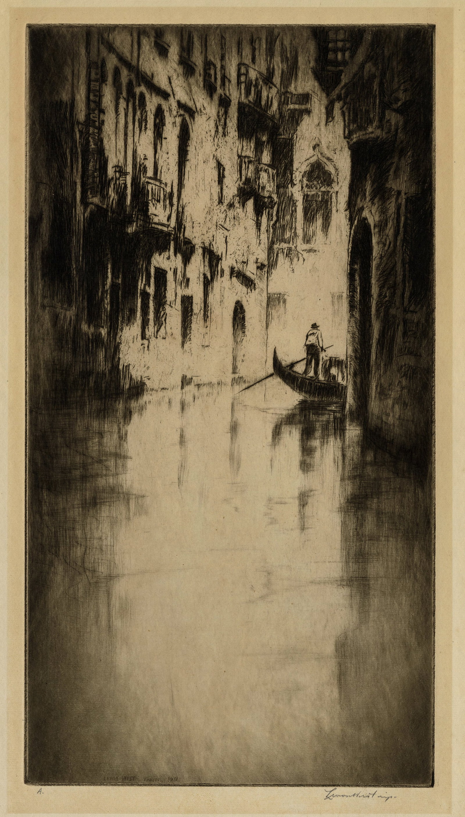Levon WEST: "Venice Canal".: Levon WEST (American, 1900-1968): "Venice Canal". Etching with aquatint and selective plate tone on "J J Head" laid paper, 1931. Very likely an early proof impression, marked "A" in pencil. Signed in