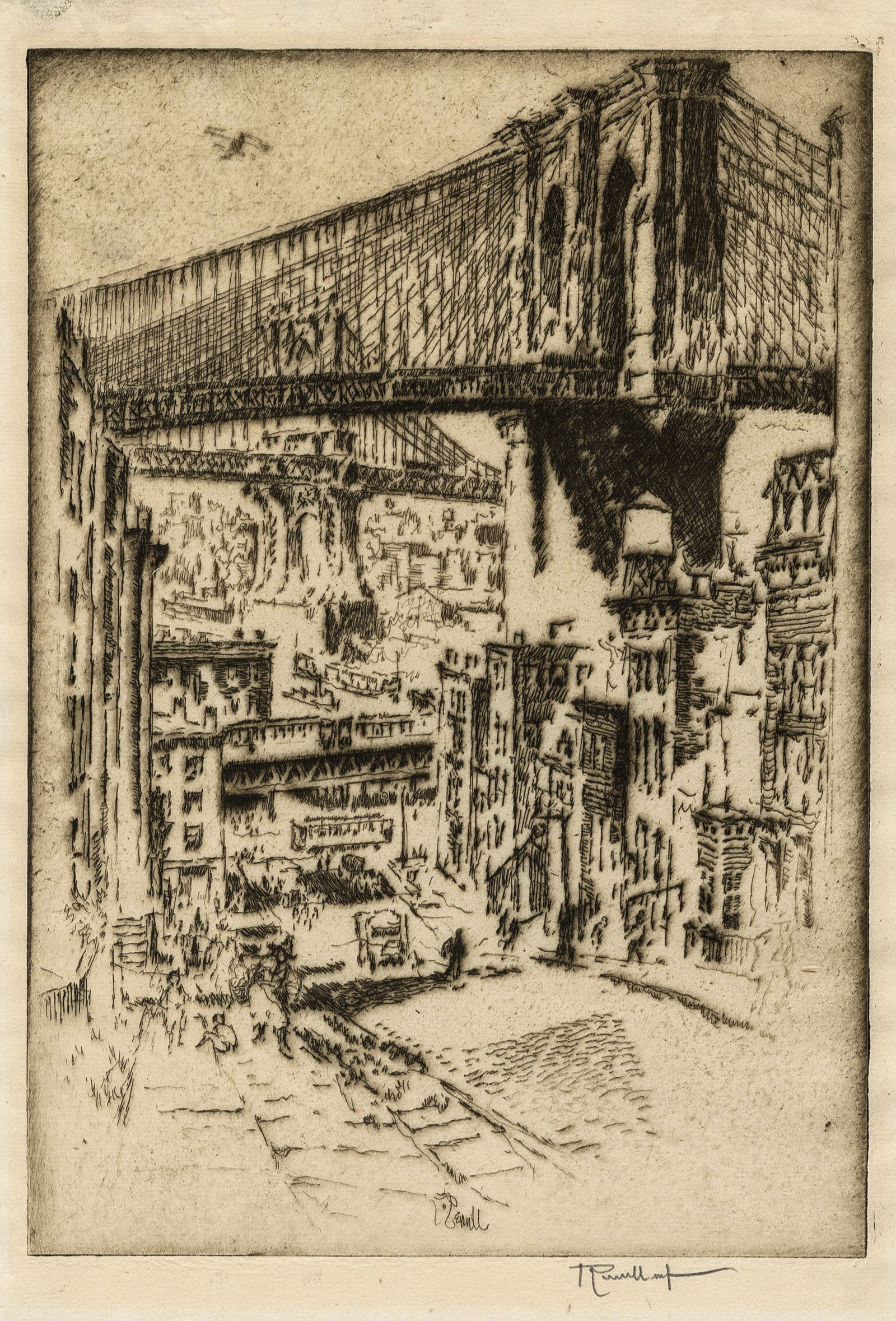 Joseph PENNELL: "The Bridges from Brooklyn".: Joseph PENNELL (American, 1857-1926): "The Bridges from Brooklyn". Etching with border plate tone on laid paper with unidentified watermark, 1921. Signed in pencil. Plate size: 10 x 7 inches. Sheet si