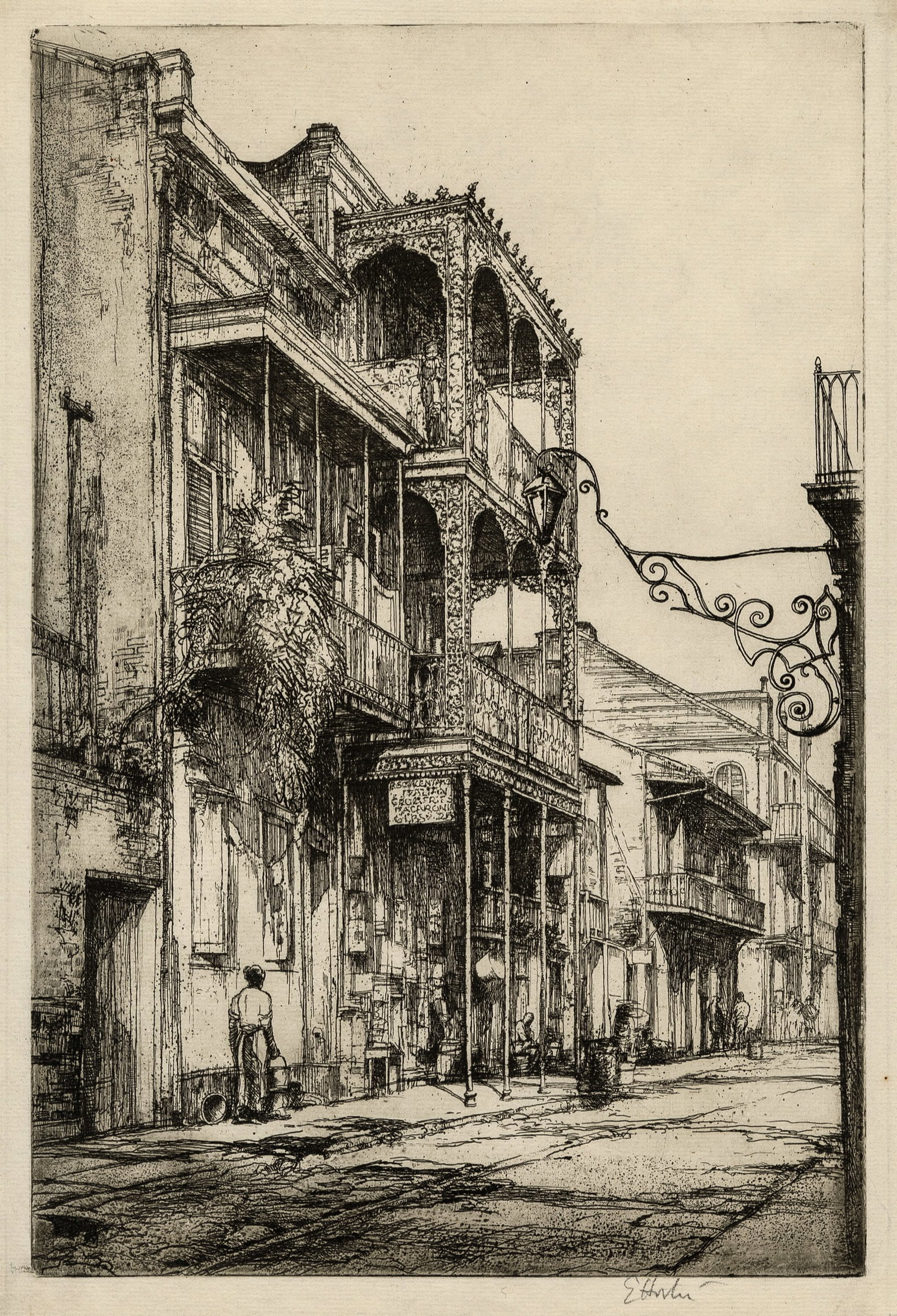 Earl HORTER: "Old Balconies, New Orleans".: Earl HORTER (American, 1881-1940): "Old Balconies, New Orleans". Etching on laid paper with unidentified text watermark. Signed in pencil. Plate size: 11 1/4 x 7 1/2 inches. Sheet size: 12 1/2 x 8
