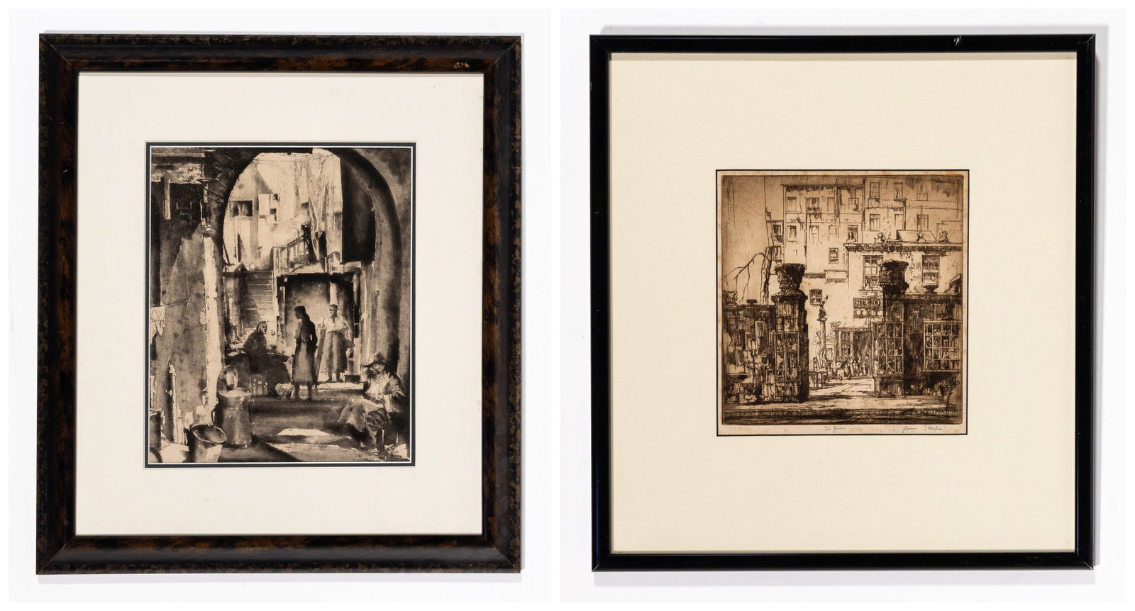 Earl HORTER: Two framed etchings.: Two framed etchings by Earl HORTER (American, 1881-1940): "Antique Shop". Etching, circa 1916. Signed and dedicated in pencil. Plate size: 7 3/8 x 7 1/8 inches. Frame size: 16 x 15 inches. We add, by 