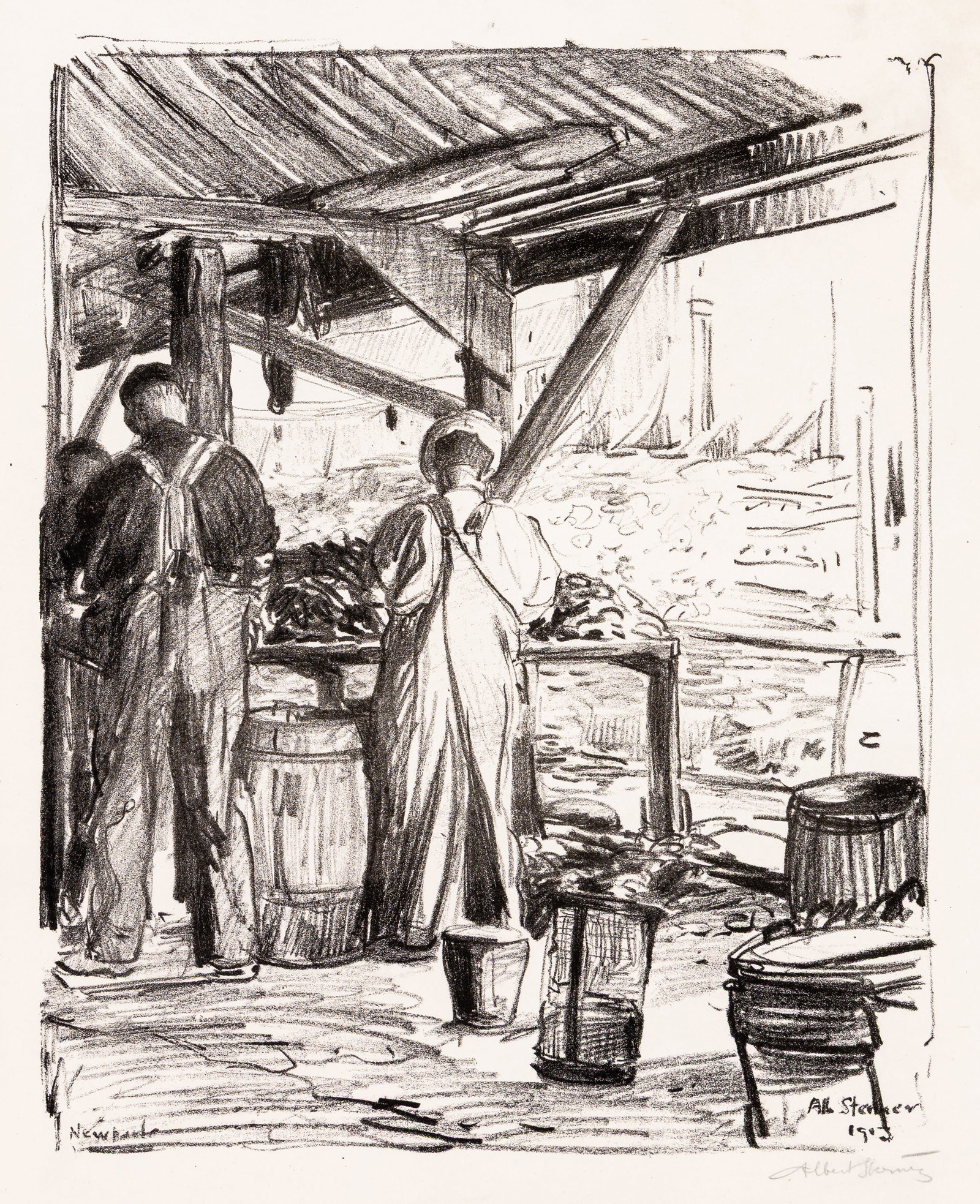 Albert STERNER: "Newport Oysterman".: Albert STERNER (American, 1863-1946): "Newport Oysterman". Lithograph on wove Japan paper, 1903. Signed in pencil. Image size: 17 x 13 1/2 inches. Sheet size: 21 1/2 x 16 5/8 inches.