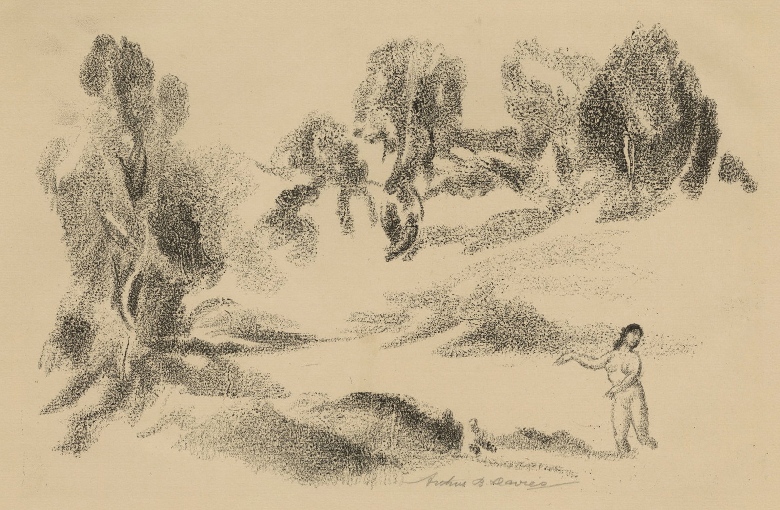 Arthur B. DAVIES: "Enchanted Stream".: Arthur B. DAVIES (American, 1862-1928): "Enchanted Stream". Lithograph on Rives wove paper, 1924. Reference: Czestochowski 209. Edition of 25, printed by George C. Miller. Signed in pencil. Image
