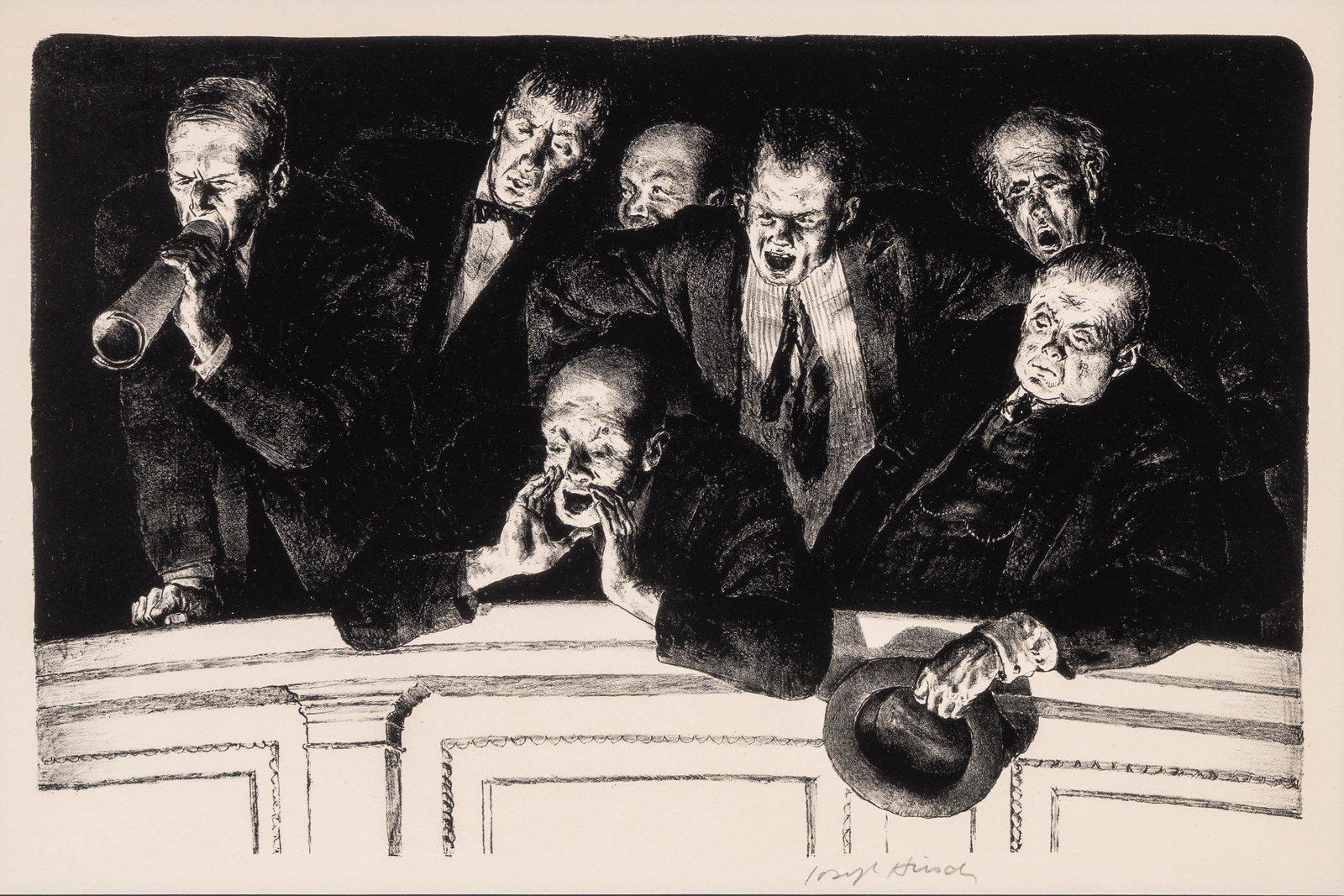 Joseph HIRSCH: "The Hecklers".: Joseph HIRSCH (American, 1910-1981): "The Hecklers". Lithograph on wove paper, 1943. Published by Associated American Artists, New York. Signed in pencil. Framed. Image size: 9 3/4 x 15 1/4 inches.