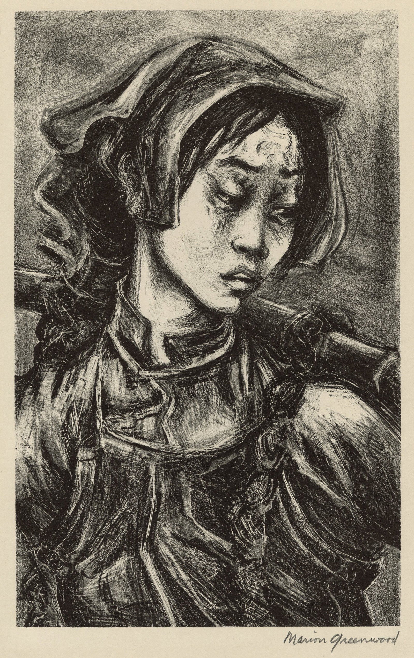 Marion GREENWOOD: "Eastern Memory".: Marion GREENWOOD (American, 1909-1970): "Eastern Memory". Lithograph on wove paper, 1950. Published by Associated American Artists. Edition of 250. Signed in pencil. Image size: 12 3/4 x 8 inches.