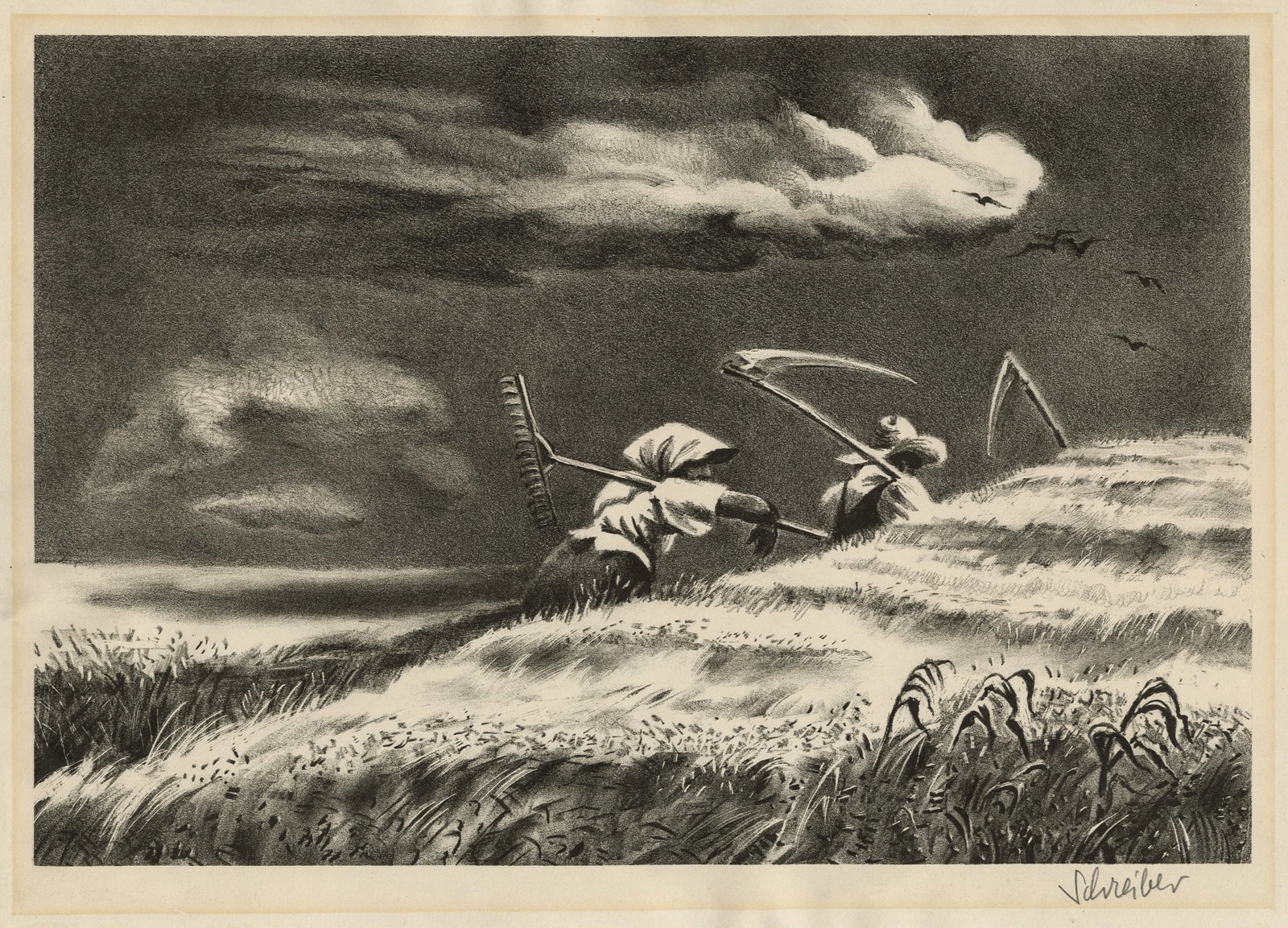 Georges SCHREIBER: "Going Home".: Georges SCHREIBER (American, 1904-1977): "Going Home". Lithograph on wove paper, 1940. Published by Associated American Artists. Edition of 250. Signed in pencil. Image size: 9 x 13 1/4 inches. Sheet