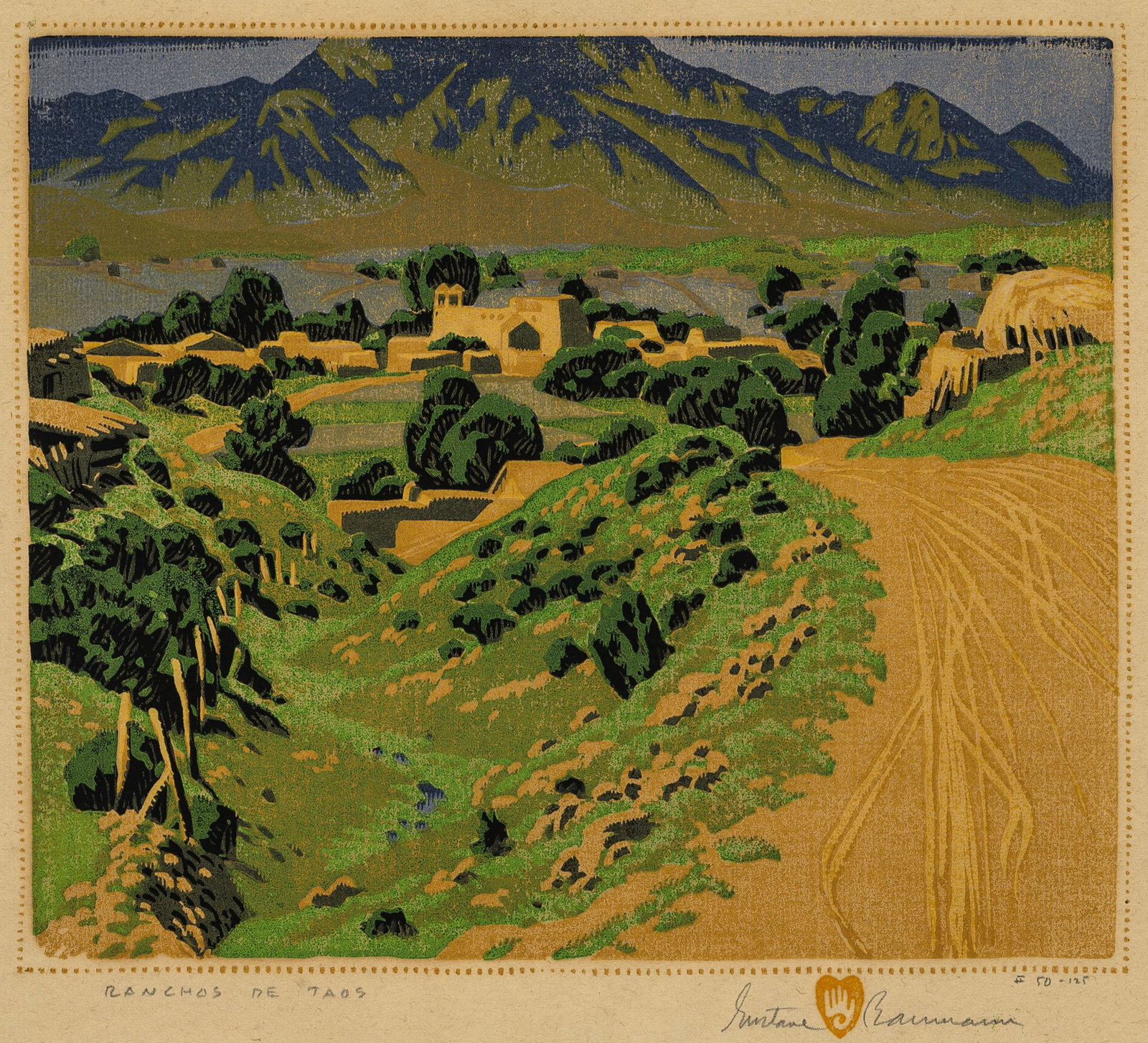 Gustave BAUMANN: "Ranchos de Taos".: Gustave BAUMANN (German-American, 1881 - 1971): "Ranchos de Taos". Color woodcut on laid paper, 1930. Reference: Chamberlain 133. Edition of 125. Signed, titled, and numbered in pencil. Also with the