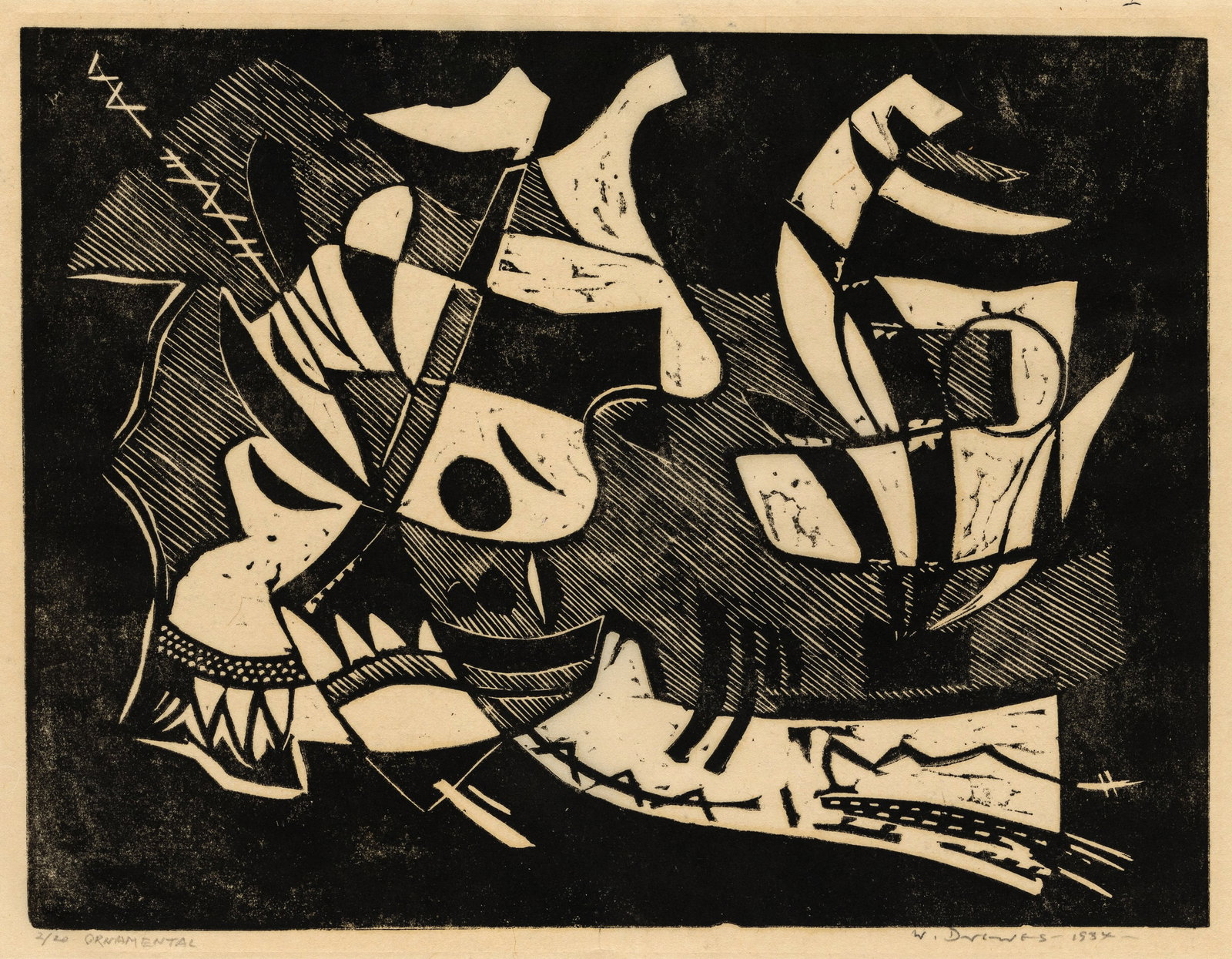 Werner DREWES: "Composition IV Ornamental".: Werner DREWES (German American, 1899-1985): "Composition IV Ornamental". Woodcut on thin Japan paper, 1934. Reference: Rose 90. Edition of 20. Signed, titled, dated, and inscribed in pencil. Image