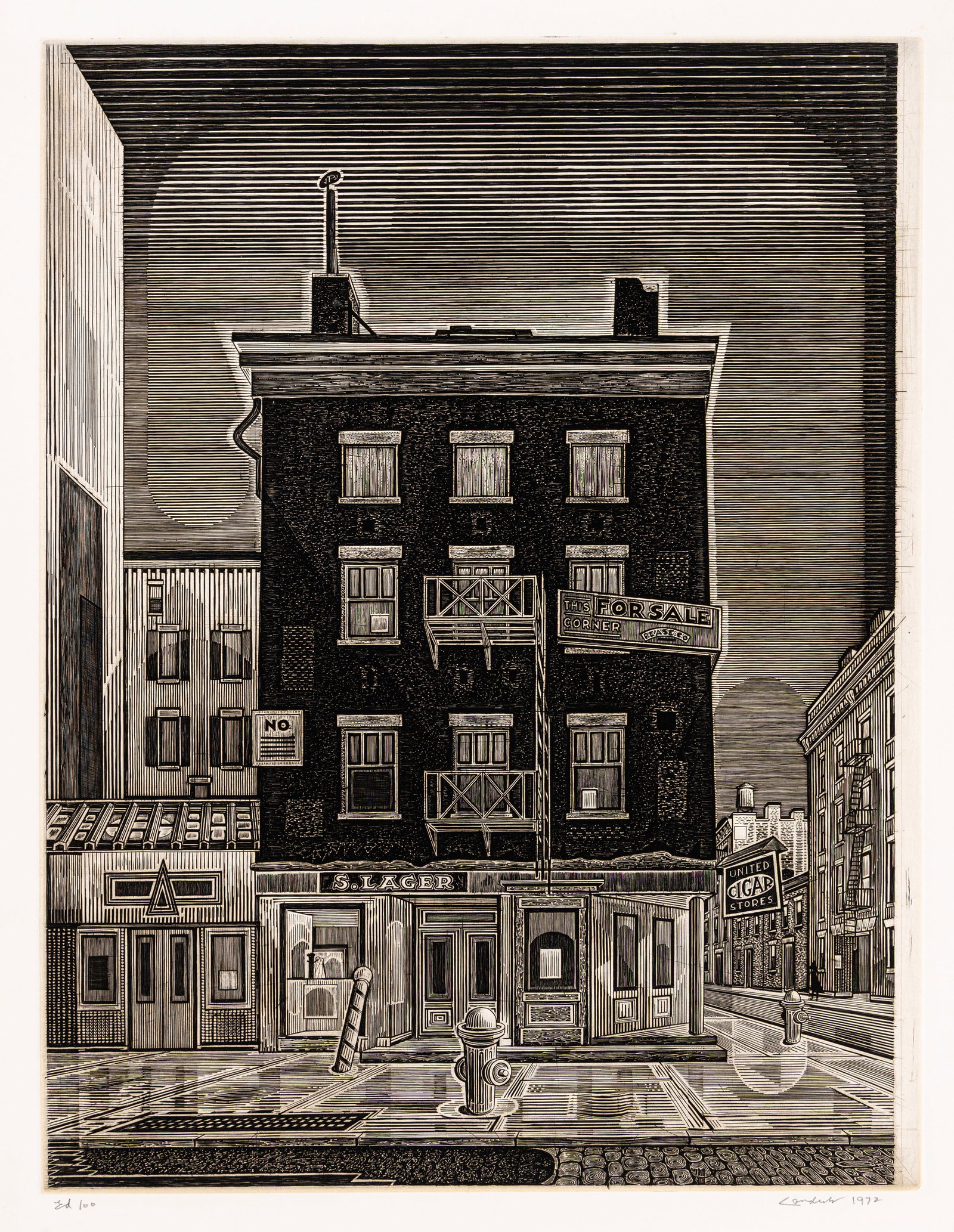 Armin LANDECK: "Black House, Bleecker Street".: Armin LANDECK (American, 1905-1984): "Black House, Bleecker Street" (New York). Engraving on chine-colle on wove paper, 1972. Reference: Kraeft 125. Edition of 100. Signed, dated, and editioned in