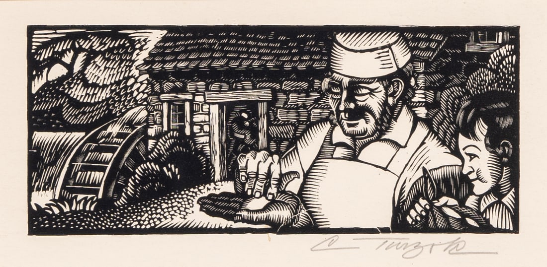 Charles TURZAK: "Miller Showing His Flour".: Charles TURZAK (American, 1899-1986): "Miller Showing His Flour". Woodcut on wove paper. Seemingly scarce. Possibly from a suite of prints dedicated to wheat and/or wheat farming. Signed in pencil.