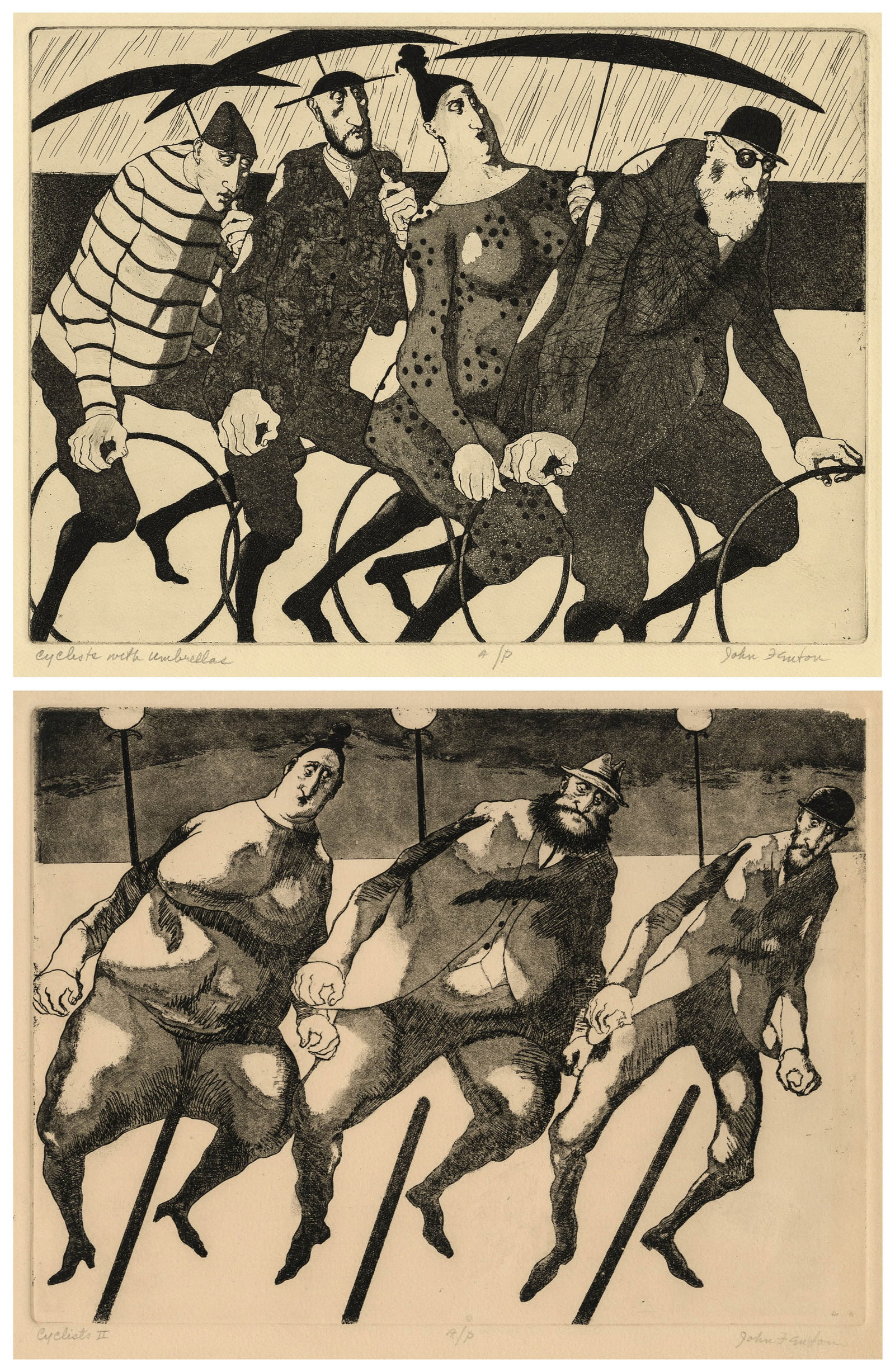 John FENTON: Two Cycling Themed Etchings.: Two Cycling Themed Etchings by John FENTON (American, 1912-1977): "Cyclists with Umbrellas". Etching and aquatint on wove paper. Artist's proof. Signed, titled, and annotated "A/P" in pencil. Plate