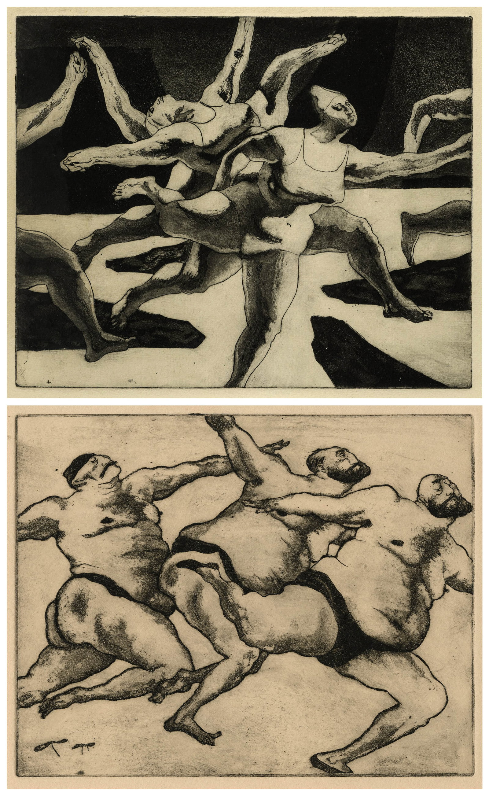 John FENTON: Two Dancing Bathers Themed Etchings.: Two Dancing Bathers Themed Etchings by John FENTON (American, 1912-1977): "Wheel I" or "Sprint". Etching and aquatint on wove paper. Proof. Loosely signed in pencil in the right sheet edge. Plate