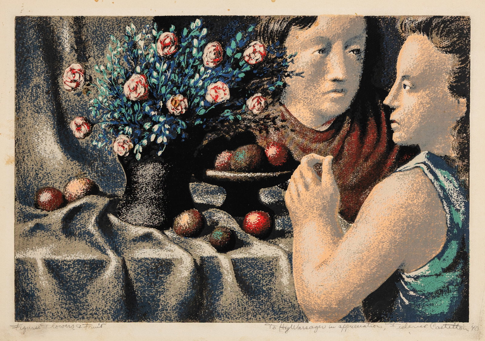 Federico CASTELLON: "Tete-a-Tete (Conversation)".: Federico CASTELLON (Spanish American, 1914-1971): "Tete-a-Tete (Conversation)" or "Figures Flowers and Fruit". Color screenprint on wove paper, 1940. Seemingly scarce. Signed, titled, dated, and