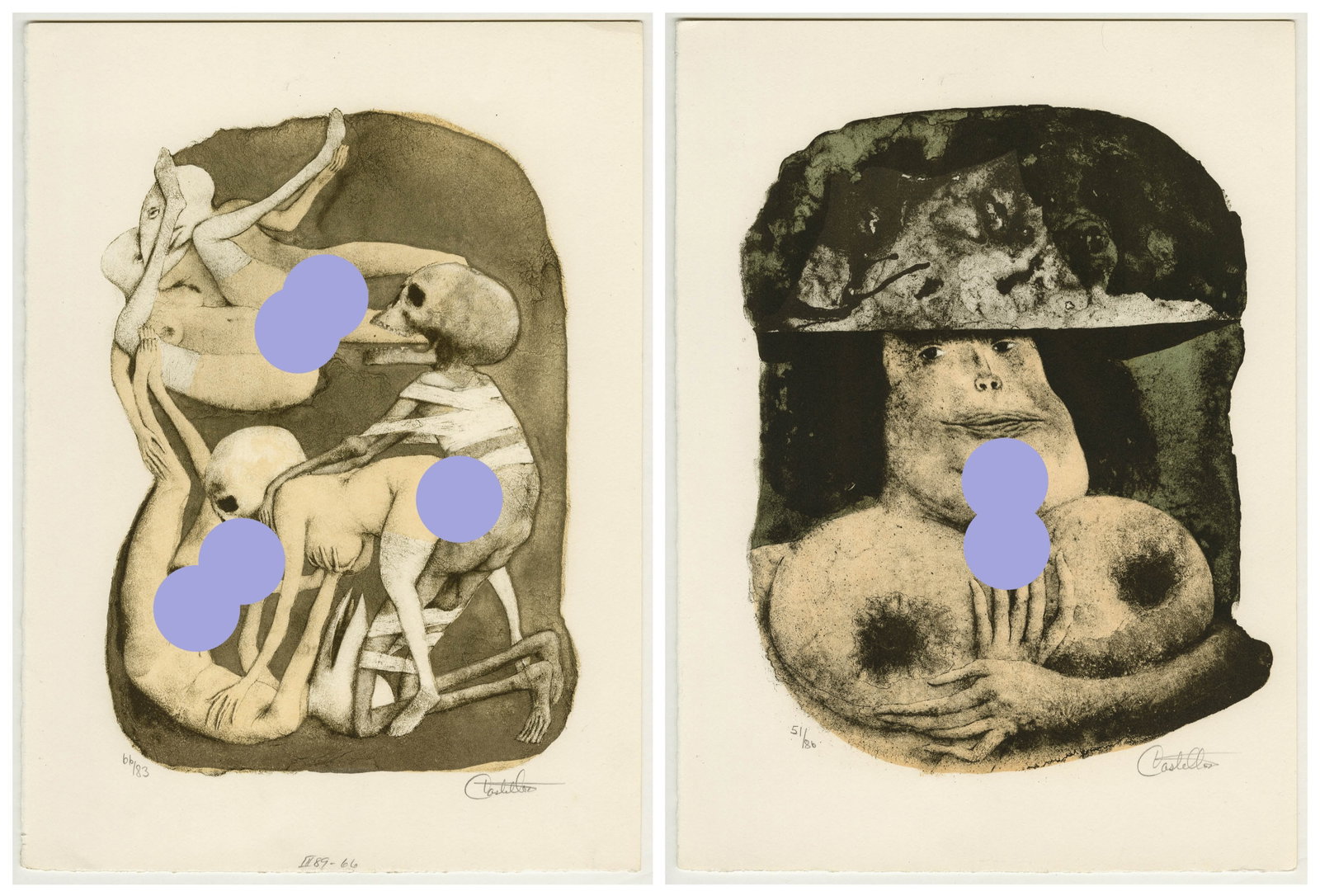 CASTELLON: "Two Erotic Color Lithographs...": Federico CASTELLON (Spanish American, 1914-1971): "Two Erotic Color Lithographs from The Mast of the Red Death by Edgar Alan Poe". Color lithographs on wove paper, 1968. From editions of 83 and 86. Si