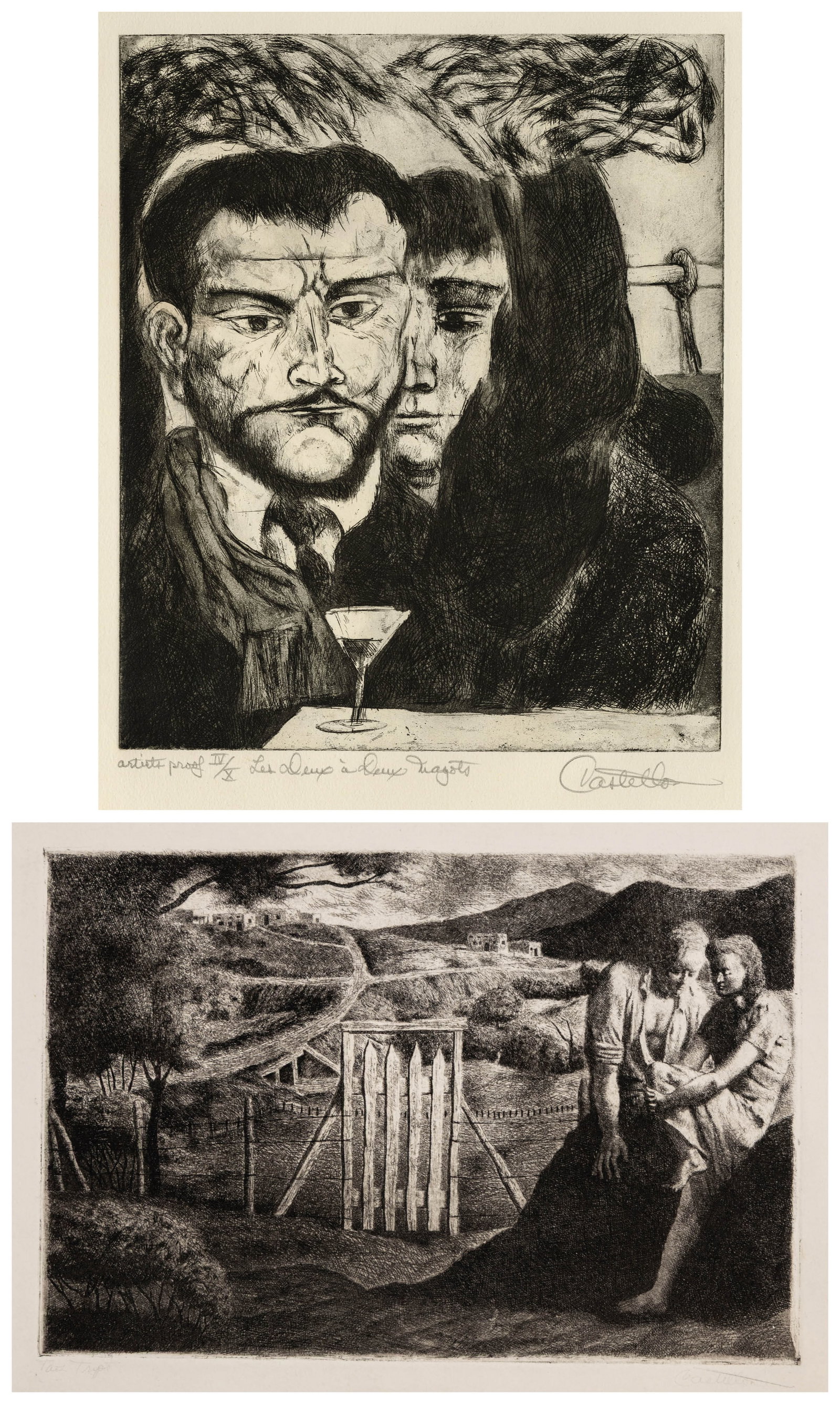 Federico CASTELLON: Two etchings.: Two etchings by Federico CASTELLON (Spanish American, 1914-1971): "Taos Tryst". Etching on wove paper, circa 1942. Proof aside from an edition of 50. Signed and titled in pencil. Plate size: 7 3/4 x