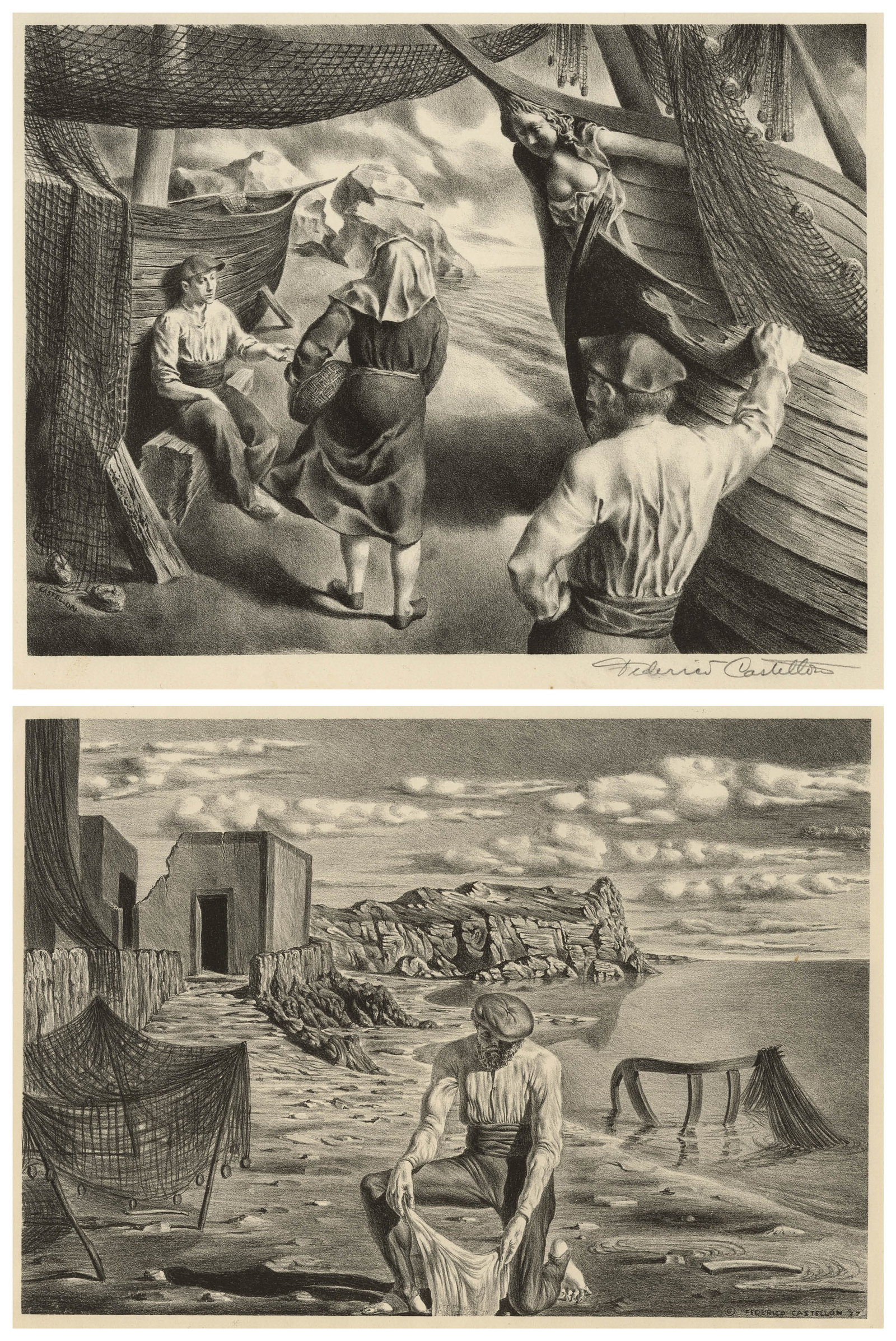 CASTELLON: Two lithographs depicting....: Two lithographs depicting Fishermen's Scenes by Federico CASTELLON (Spanish American, 1914-1971): "Landscape in Spain". Lithograph on wove paper, 1937. Published by American Artists Group, New York. I
