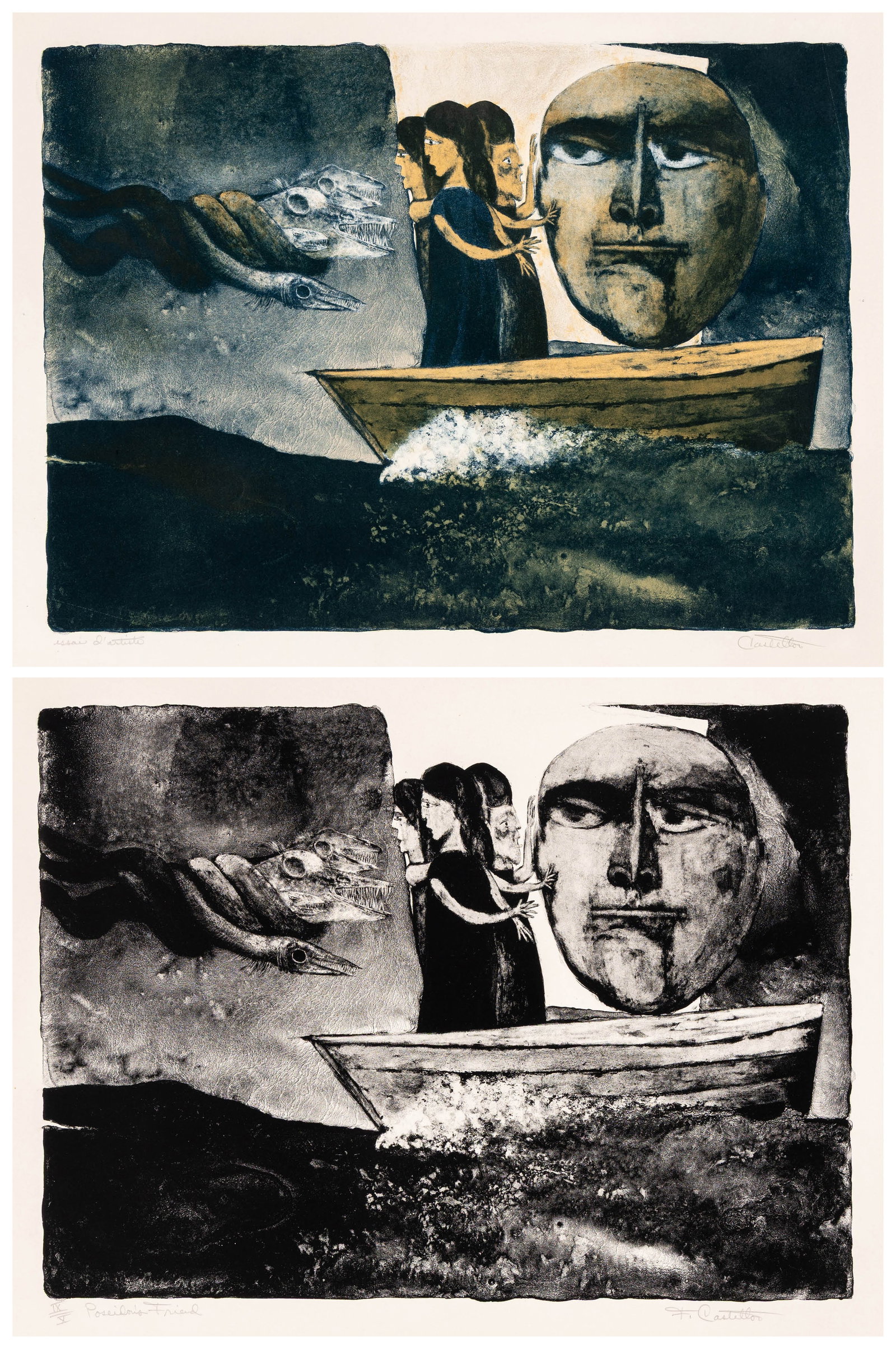 Two impressions of Federico CASTELLON....: Two impressions of Federico CASTELLON (Spanish American, 1914-1971): "Poseidon's Friend". Color lithograph on BFK Rives wove paper, 1963. Artist's trial proof. Very scarce color impression, aside from