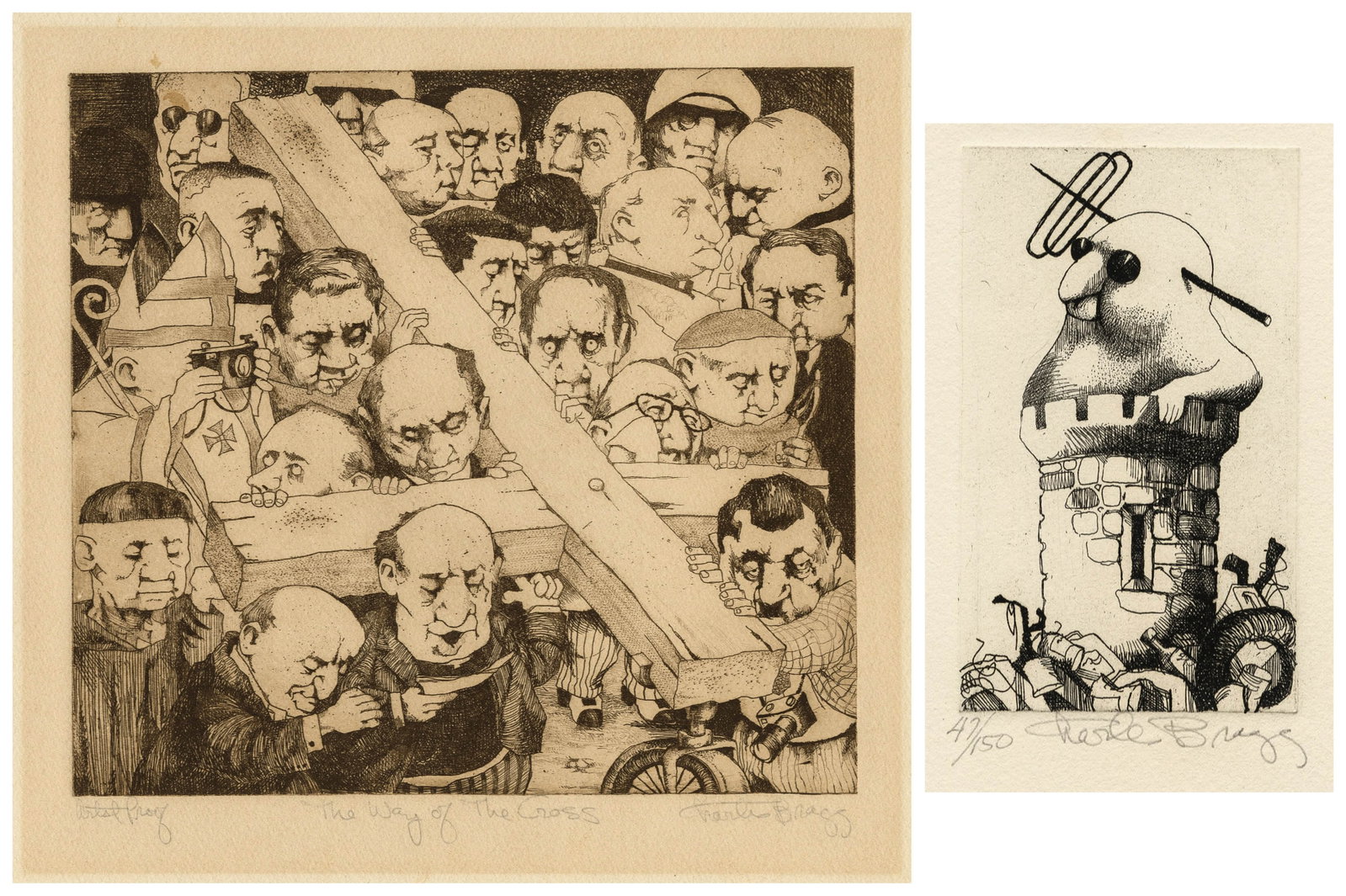 Charles BRAGG: Two etchings.: Two etchings by Charles BRAGG (American, 1931-2017): "The Way of the Cross". Etching printed in brown-black ink on wove paper. Artist's proof. Signed, titled, and annotated in pencil. Plate size: 7