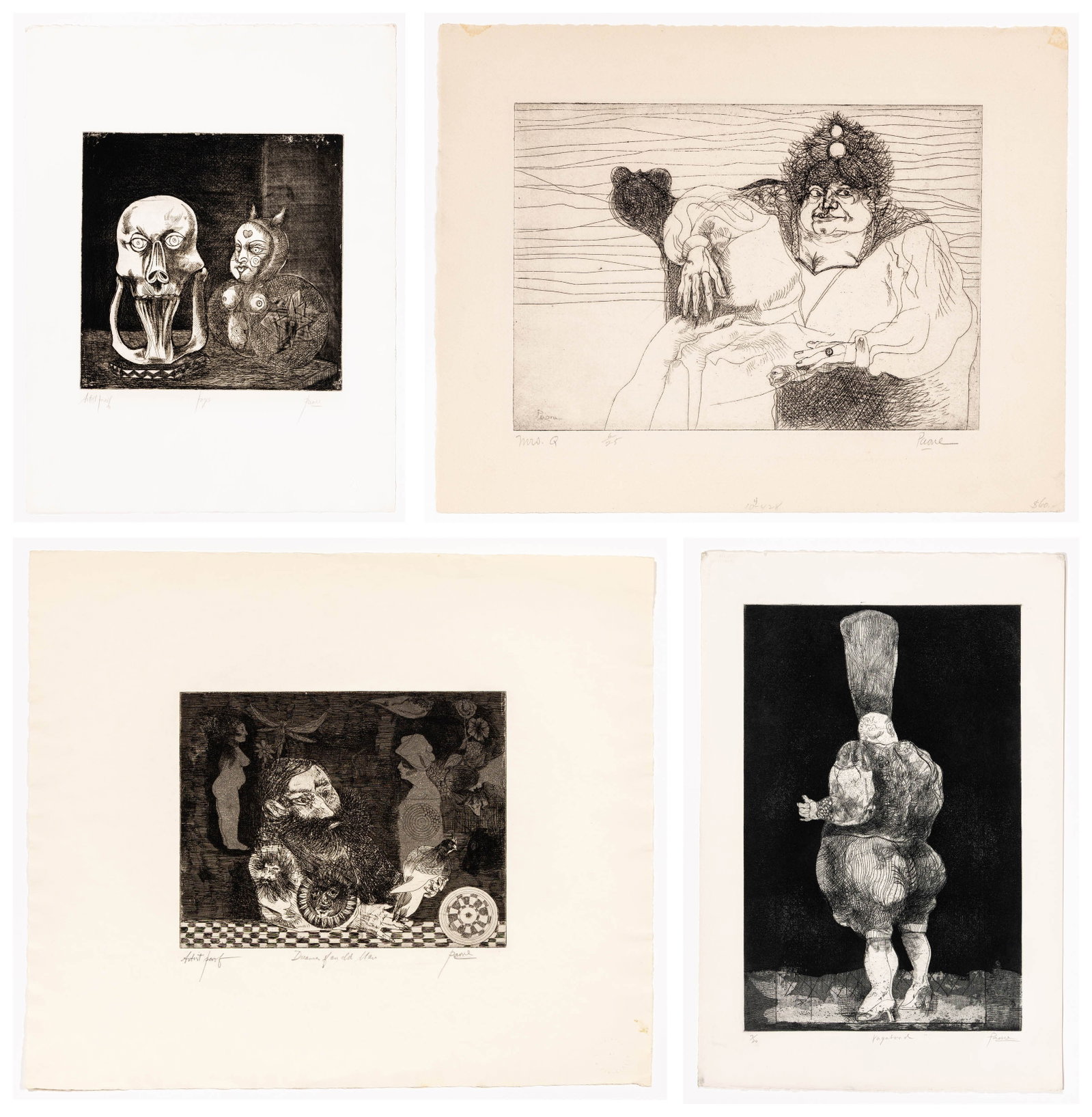 Peter PAONE: Four etchings.: Four etchings by Peter PAONE (American, born 1936): "Vagabond", "Toys", "Dreams of an Old Man", "Mrs. Q". Various sizes and editions, on assorted wove papers. The largest plate (Vagabond): 17 1/2 x 11