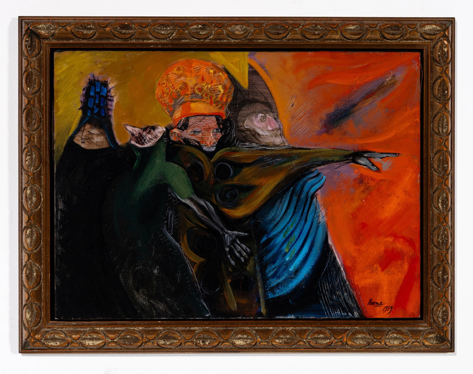 Peter PAONE: "The Actors - Philadelphia".: Peter PAONE (American, born 1936): "The Actors - Philadelphia". Oil on canvas, 1959. Signed and dated in the lower right corner. Signed, dated, and titled on the stretcher, verso. Framed. Frame size: