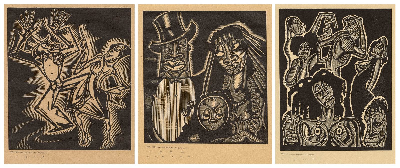 WASHINGTON: "Untitled (Harlem Renaissance...": Earl Marshawn WASHINGTON (American, b. 1962): "Untitled (Harlem Renaissance Dance Scene)". Wood engraving on cream wove paper. Pencil signed and pre-dated 1929 (actual date circa 1990). Image size: 7 
