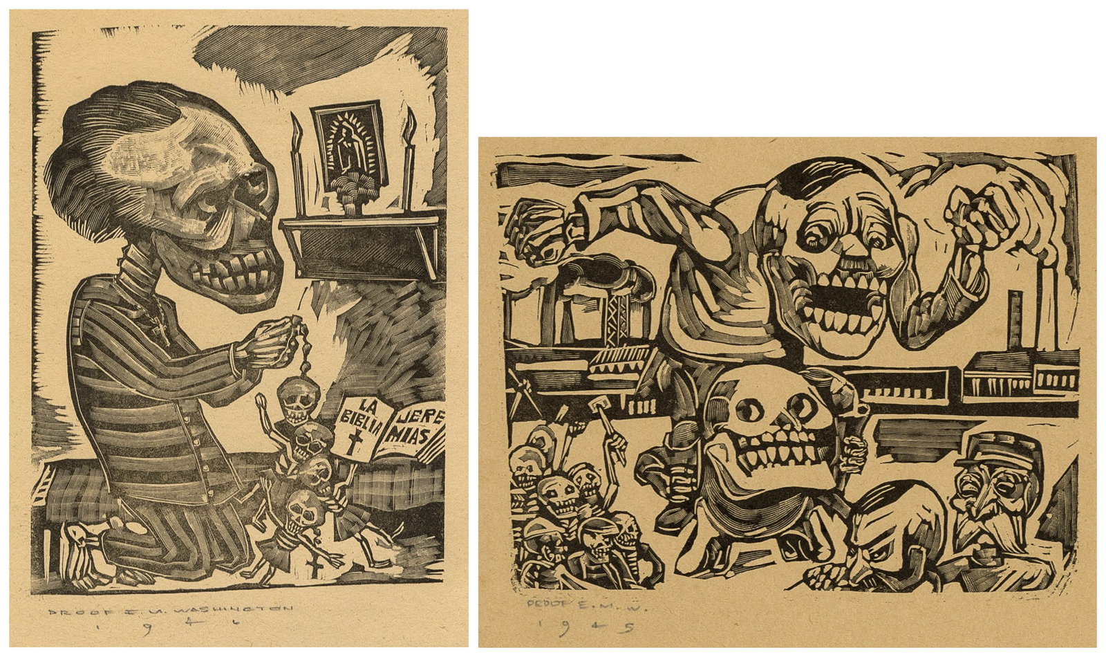 Earl Marshawn WASHINGTON: "Untitled (Calavera)".: Earl Marshawn WASHINGTON (American, b. 1962): "Untitled (Calavera)". Wood engraving on cream wove paper. Pencil signed, inscribed as a proof and pre-dated 1941 (actual date circa 1990). Image size: 5