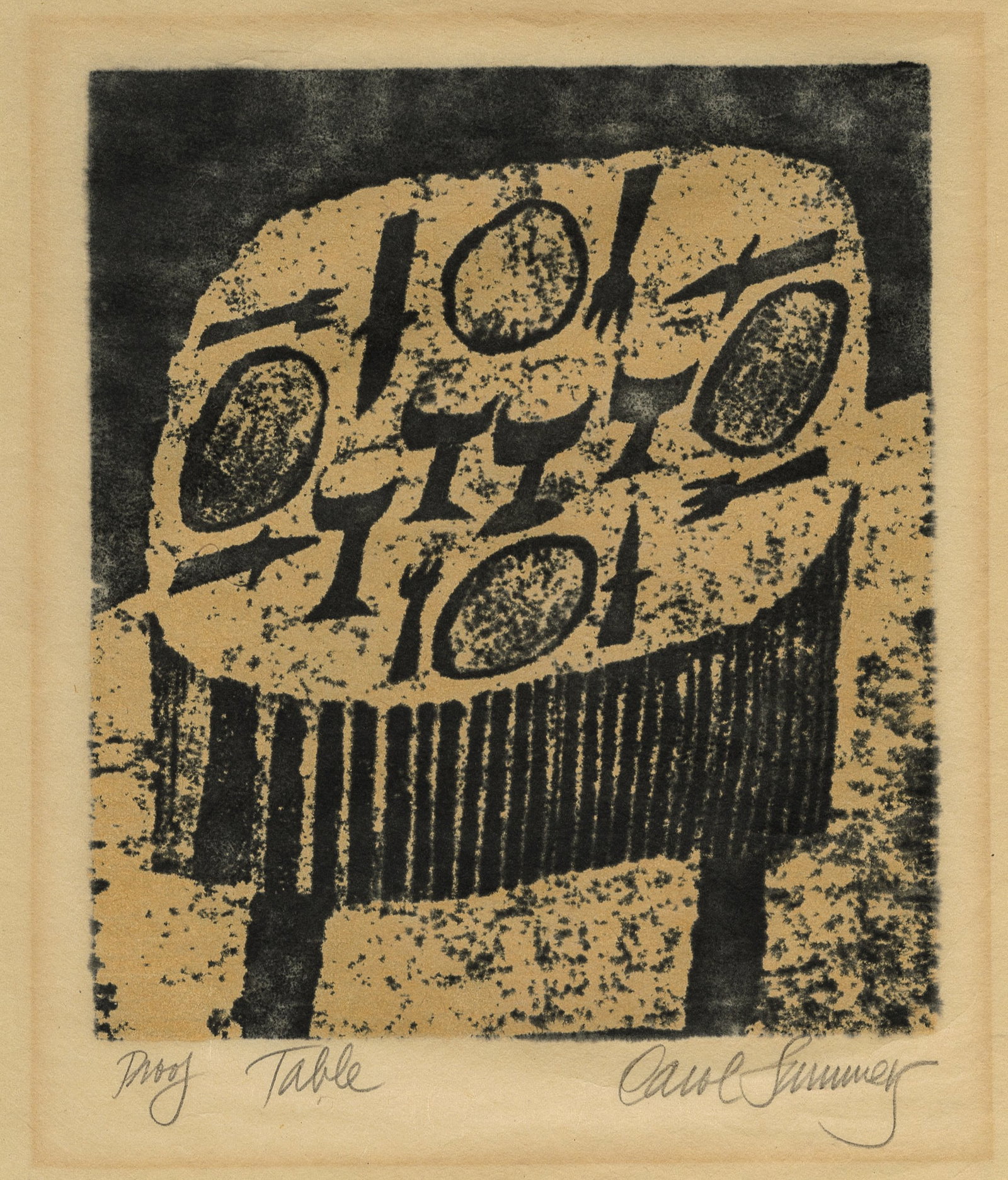 Carol SUMMERS: "Table".: Carol SUMMERS (American, b. 1926-2016): "Table" or "Bon Appetit". Color woodcut, printed in two tones on Japan paper (printed from the verso, see image). Signed, titled and annotated proof in pencil. 