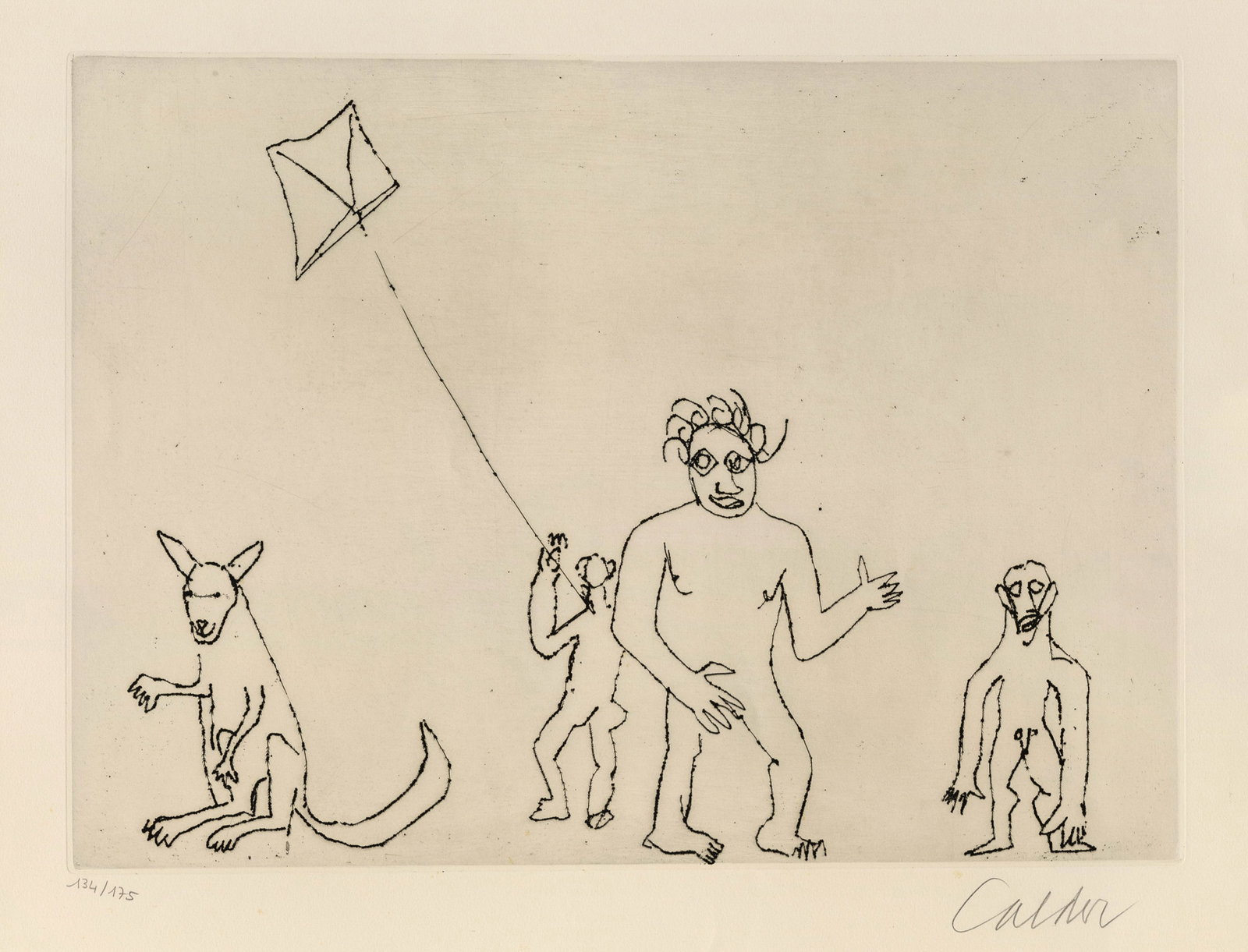 CALDER: "Untitled - Figures flying a Kite...": Alexander CALDER (American, 1898-1976): "Untitled - Figures flying a Kite, Monkey, and Kangaroo". Etching on Arches wove paper, 1974. Ref: Hogblen and Watson 154; V & A 154. Edition of 175. Published