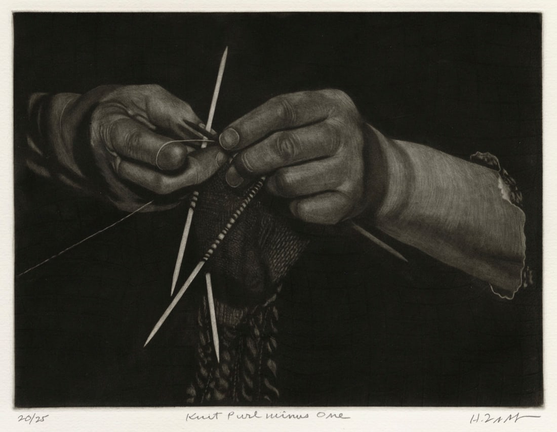 Herman ZAAGE: "Knit, Purl Minus One".: Herman ZAAGE (Ameican, 1927-2008): "Knit, Purl Minus One". Mezzotint printed on wove paper, 1984. Reference: Urban 54. Edition of 25. Signed, title, and numbered in pencil. Plate size: 9 x 12 1/8 inch