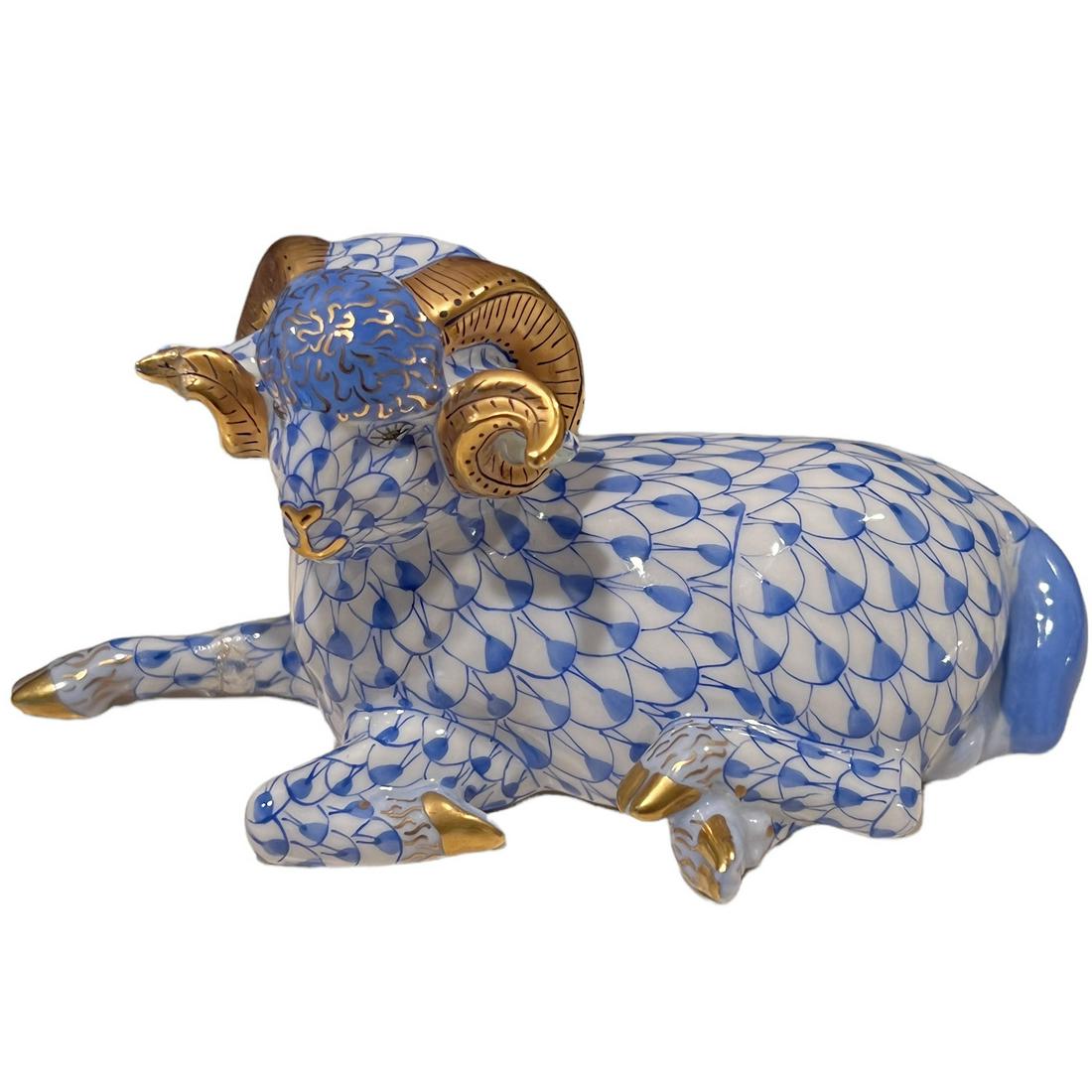 Herend Porcelain Figurine, Carolina Blue Ram: Herend Porcelain Figurine, Carolina Blue Ram. Measures: 4 1/4 in. x 2 1/4 in. Local pickup only. Local pickup only in Raleigh, NC on Thursday 2/28 between 9am-5pm. * Please do not bid if you cannot pi