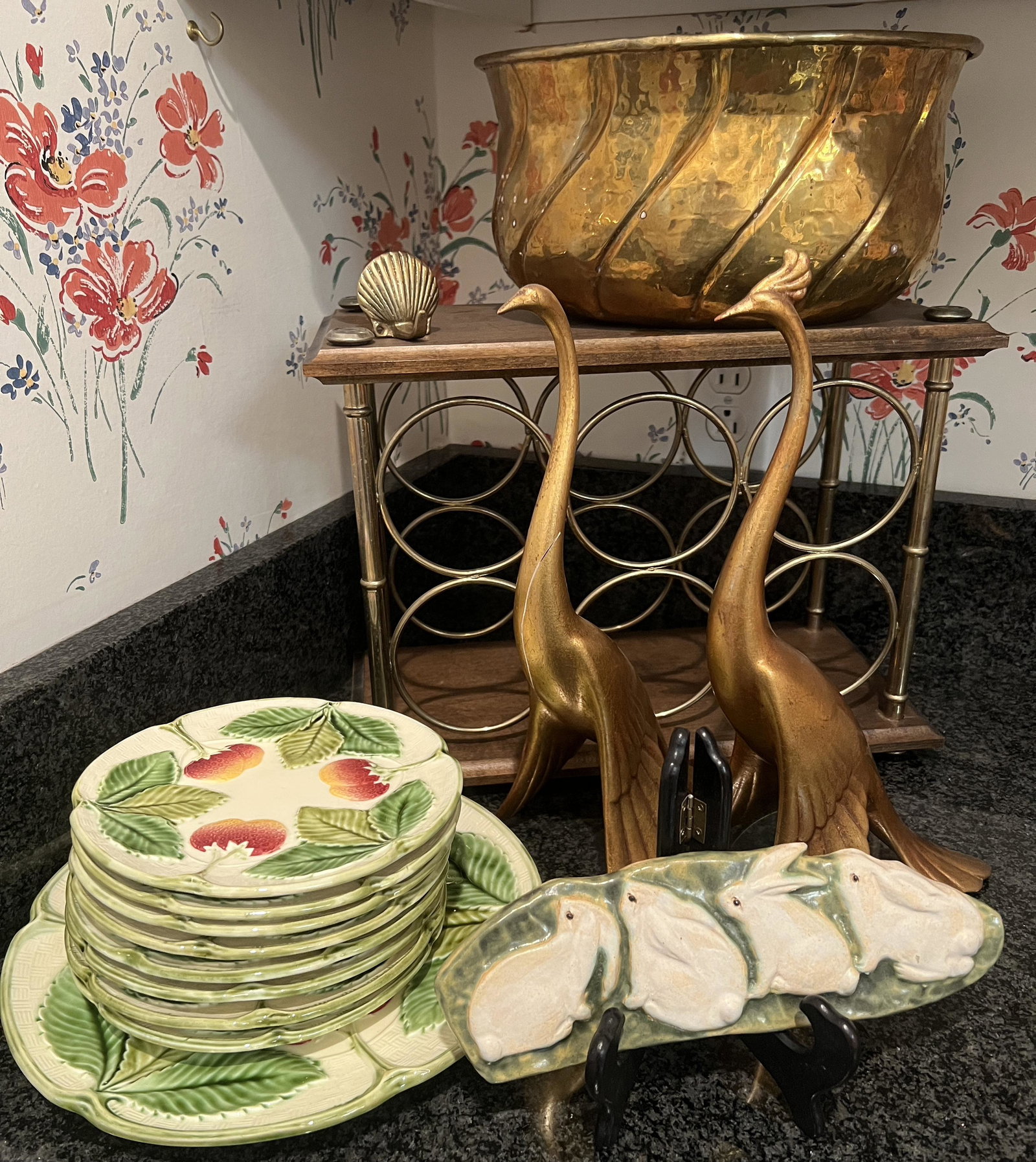 Mixed Wine Holder Bundle: Wine Holder. Brass Planter 8 Dessert Plates. 1 Large Platter. Ceramic Rabbit Plate signed by SG Healy. Local pickup only. Local pickup only in Raleigh, NC on Thursday 2/28 between 9am-5pm. * Please do