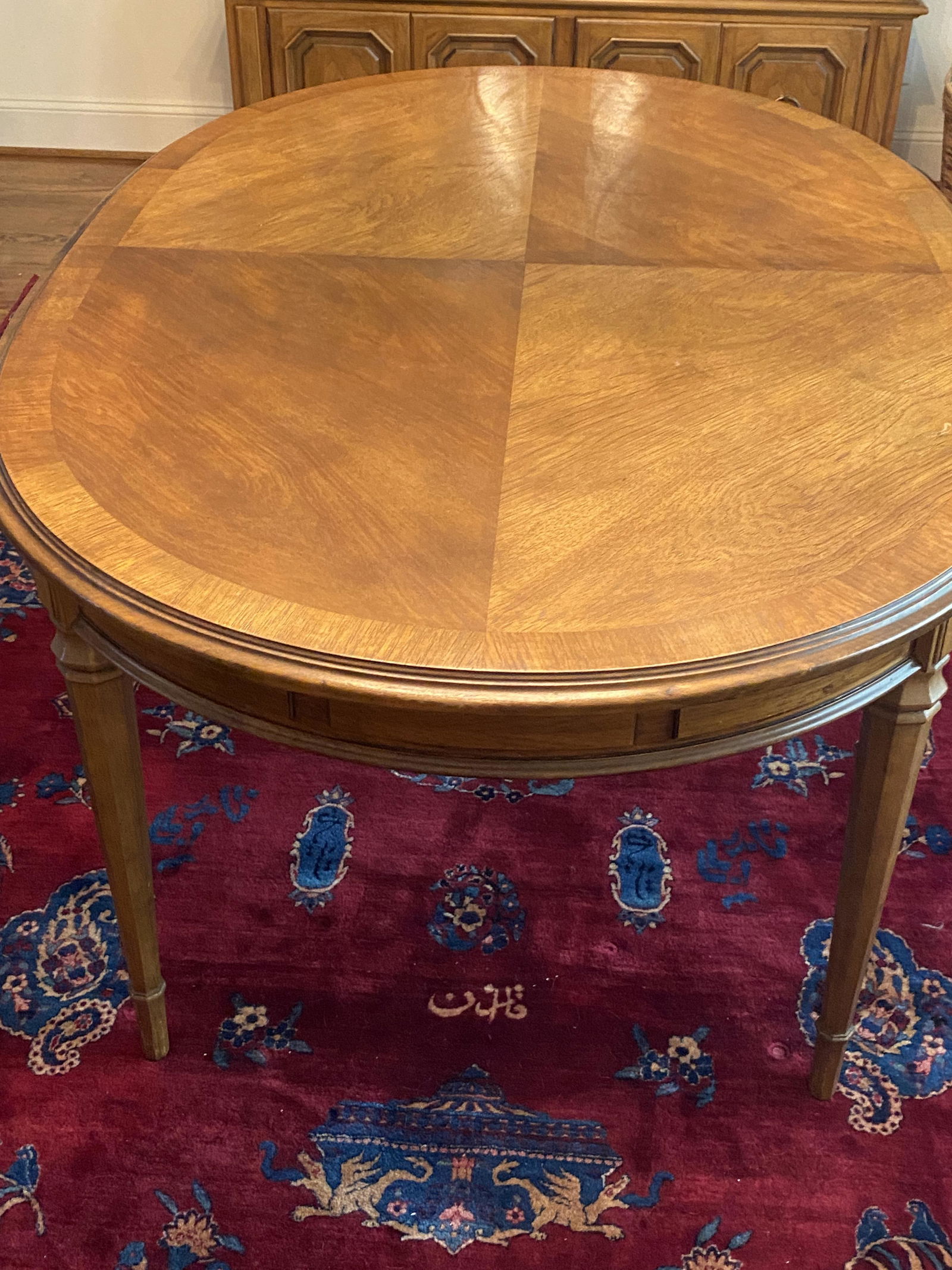 Drexel Dining Table and Six Chairs: Drexel Dining Table. Measures: 64"x29"x44" as shown Three Leaves. Measure: 3" Six Chairs (4 Dining Chairs and 2 Captain Chairs). Condition: Good Estate Condition. Local pickup only. Local pickup only
