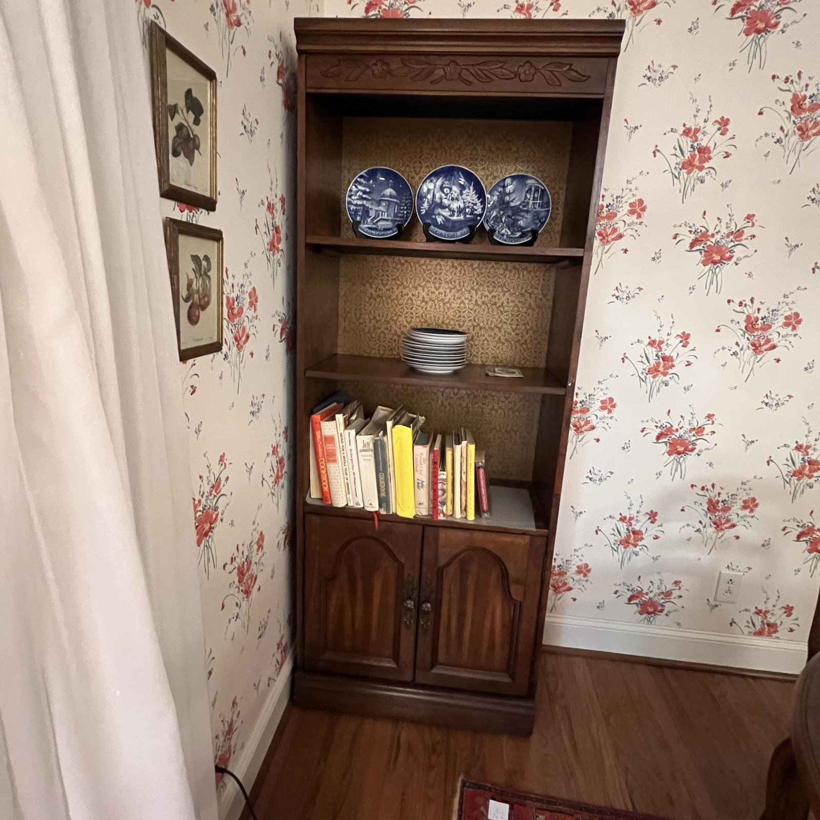 Mahogany Bookshelf with Lower Cabinet: Mahogany Bookshelf with Lower Cabinet. Measures: 77"x30"x15" Condition: Good Estate Condition. Items on bookshelf do not convey. Local pickup only. Local pickup only in Raleigh, NC on Thursday 2/28 be