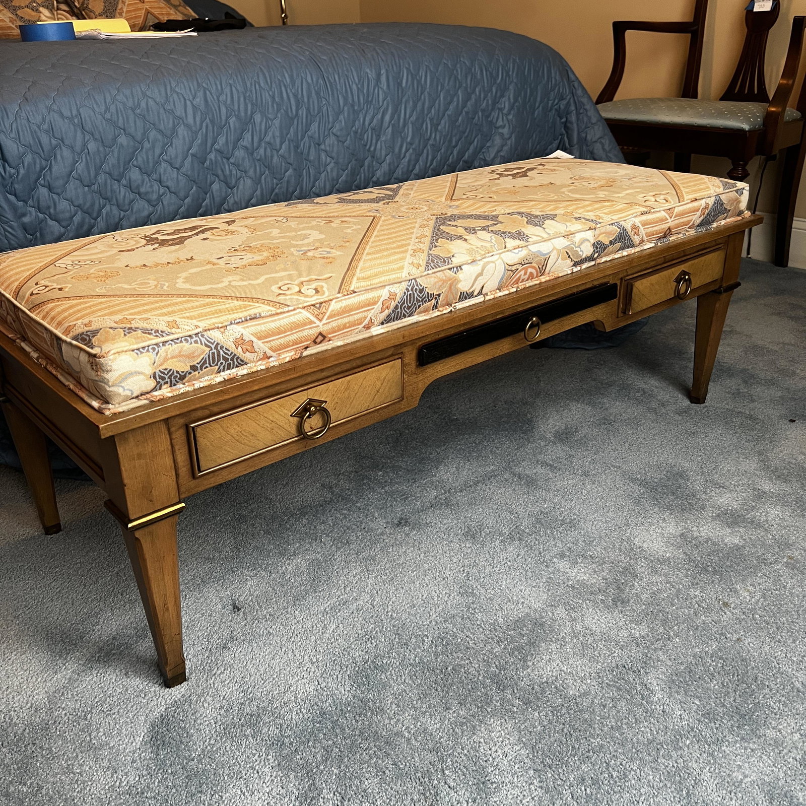 Upholstered Bench with Drawers: Upholstered Bench with 2 Drawers. Measures: 46" x 17" x 19". Local pickup only. Local pickup only in Raleigh, NC on Thursday 2/28 between 9am-5pm. * Please do not bid if you cannot pickup the item dur
