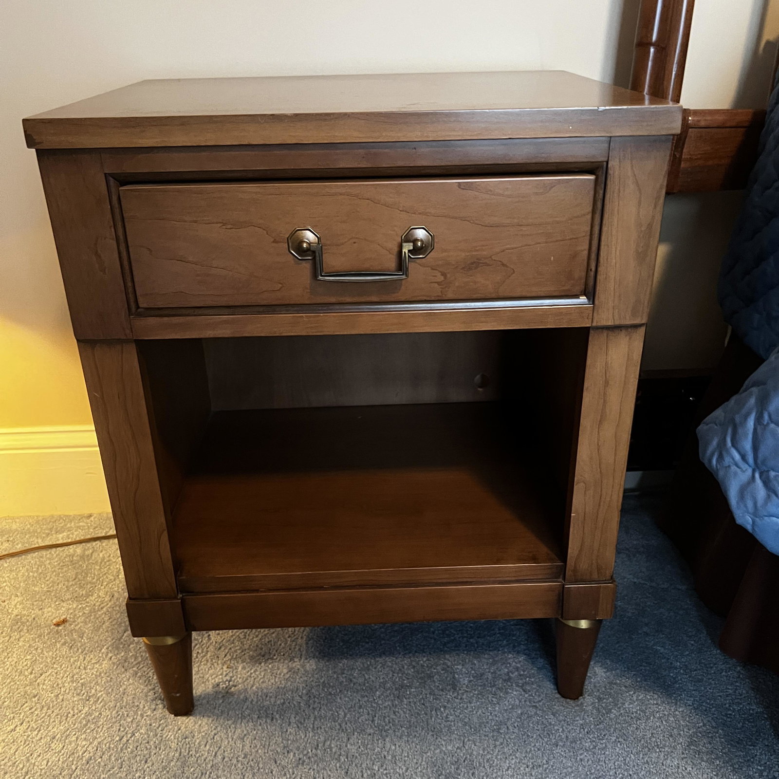 Century Nightstand: Century Nightstand with One Drawer and Lower Open Shelf. Measures: 19" x 24" x 15". Local pickup only. Local pickup only in Raleigh, NC on Thursday 2/28 between 9am-5pm. * Please do not bid if you can