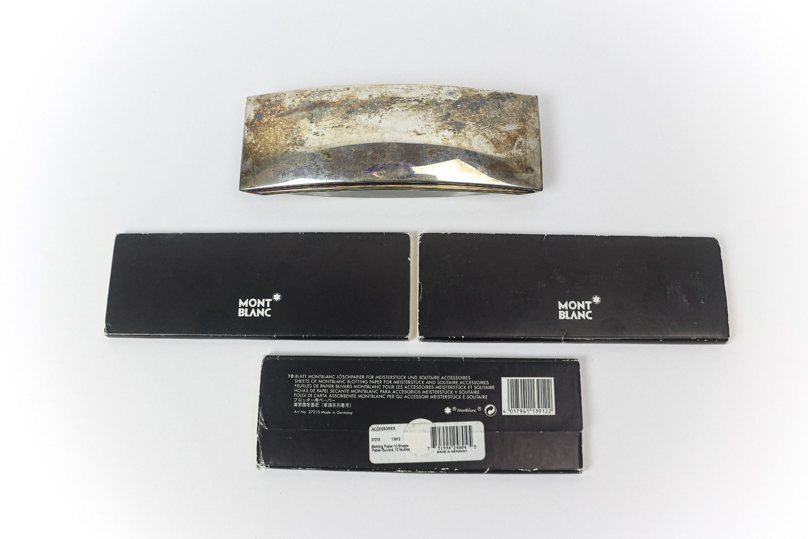 Montblanc Meisterstuck Solitaire Rocker Blotter: Sterling silver and lead crystal ink blotter. Includes blotter paper.