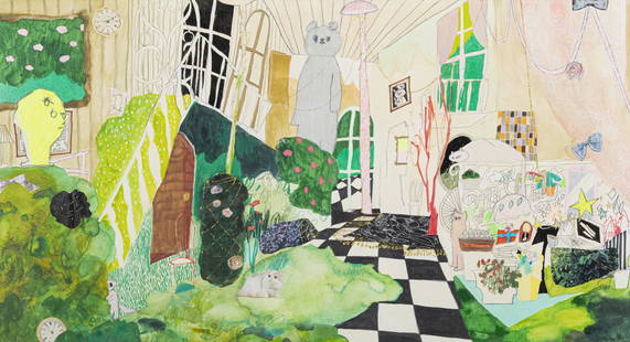 Tomoko Nagai 'Kinoko Room', framed: 40 x 70 cm; Acrylic, ink, watercolor pencil, sticker on Paper; 2008; For details, please refer to the online catalog at https://issuu.com/muchuntang