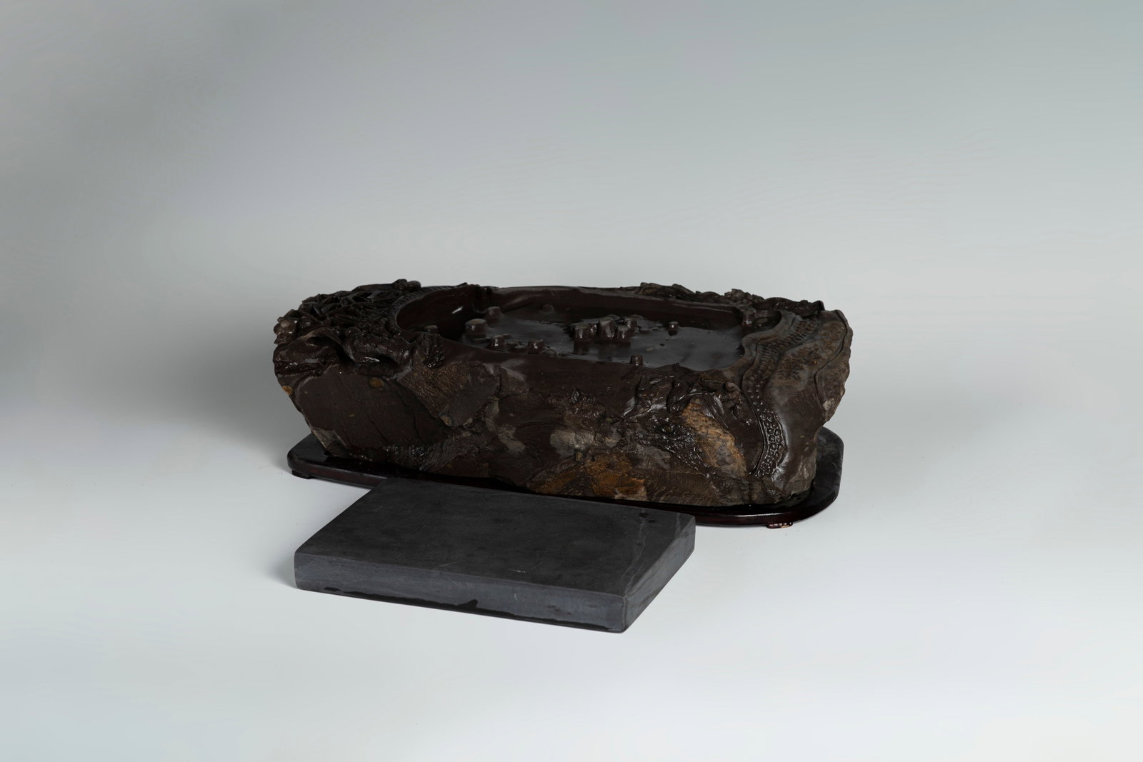 Carved Bamboo Big Duan Inkstone, Qing Dynasty Square Inkstone: L 45 W 27 H 12 cm, L 24.8 W 16.7 H 2.8 cm; To see more info, check our online catalogue: https://issuu.com/muchuntang