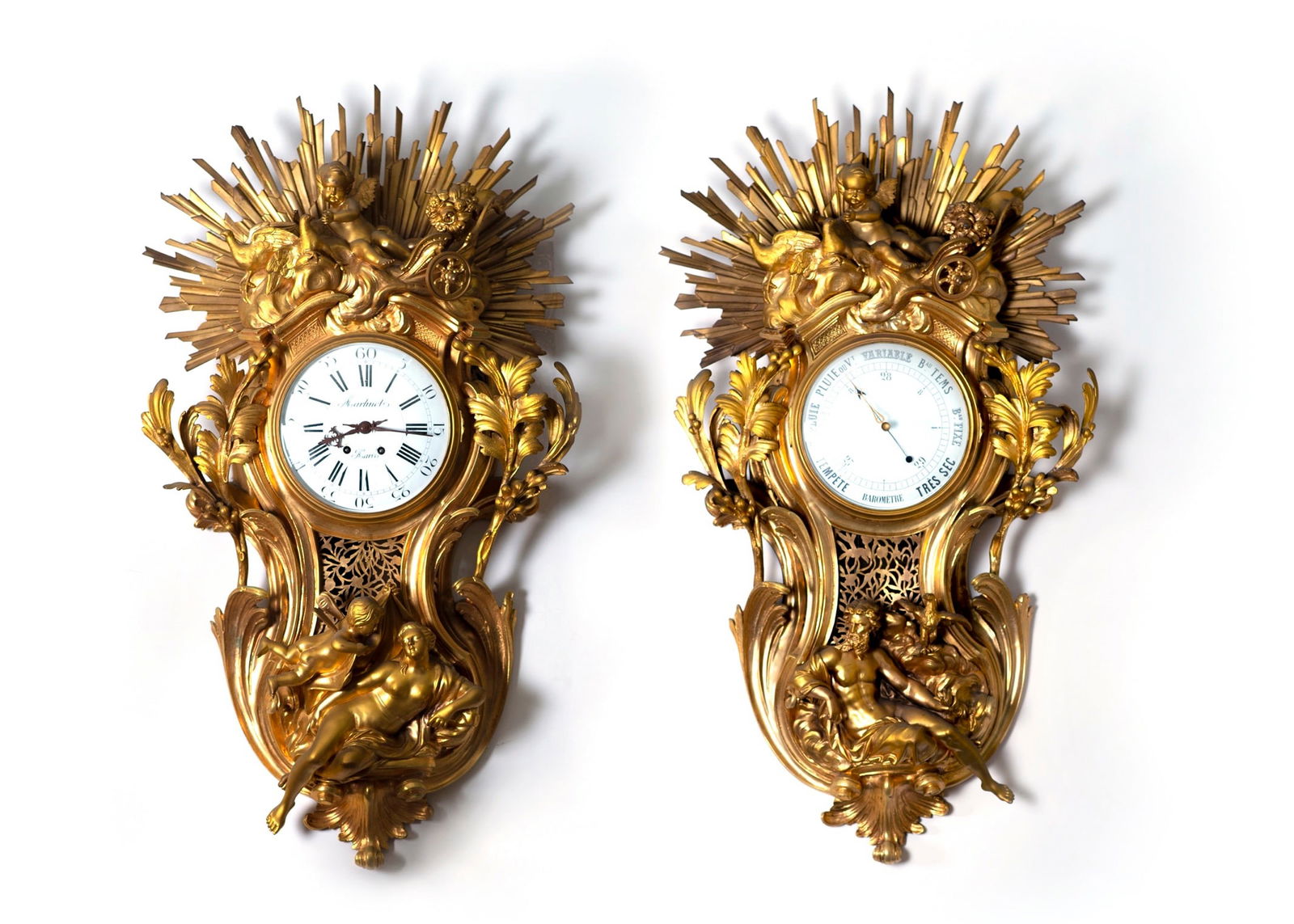 A Pair of Napoleon III Style Gold-plated Wall Clock and Barometer: 105 x 58 cm; To see more info, check our online catalogue: https://issuu.com/muchuntang