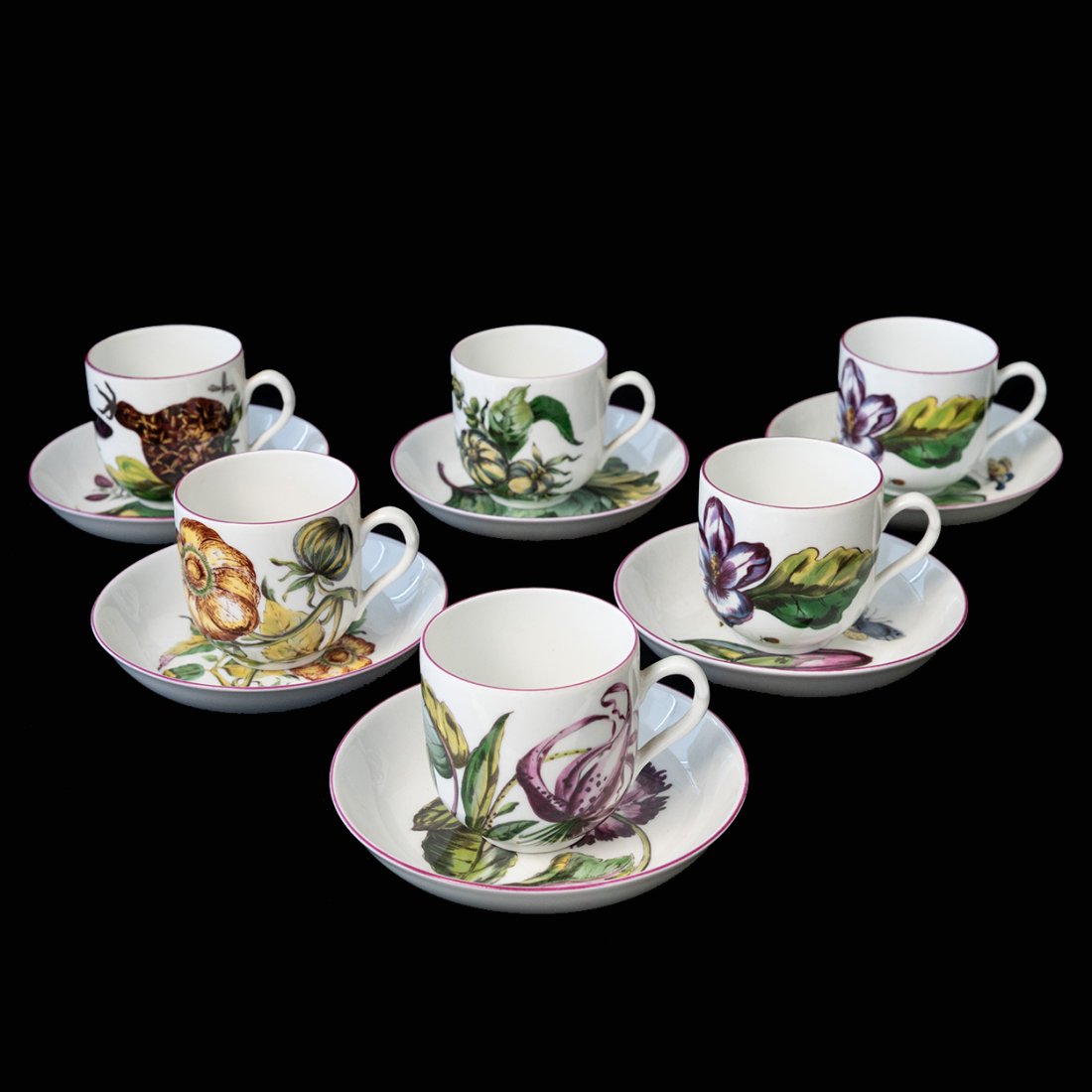 Set of 6 MMA Mottahedeh Botanical Chelsea Vista Alegre Cup and Saucers: Set of 6 MMA Mottahedeh Vista Alegre Cup and Saucers of Botanical Chelsea adapted from the Sir Han's Sloan's Paintings used on Chelsea Porcelain cup measuring 3.75" wide x 2.75" high saucer measures 5